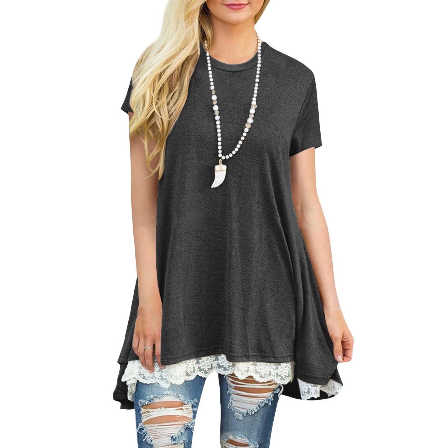 gukoo Lace Trim Short Sleeve Shirt for Women, Swing Tunic Blouse Crew Neck Flowy Flared Tops Trendy 2026 Casual T Shirt