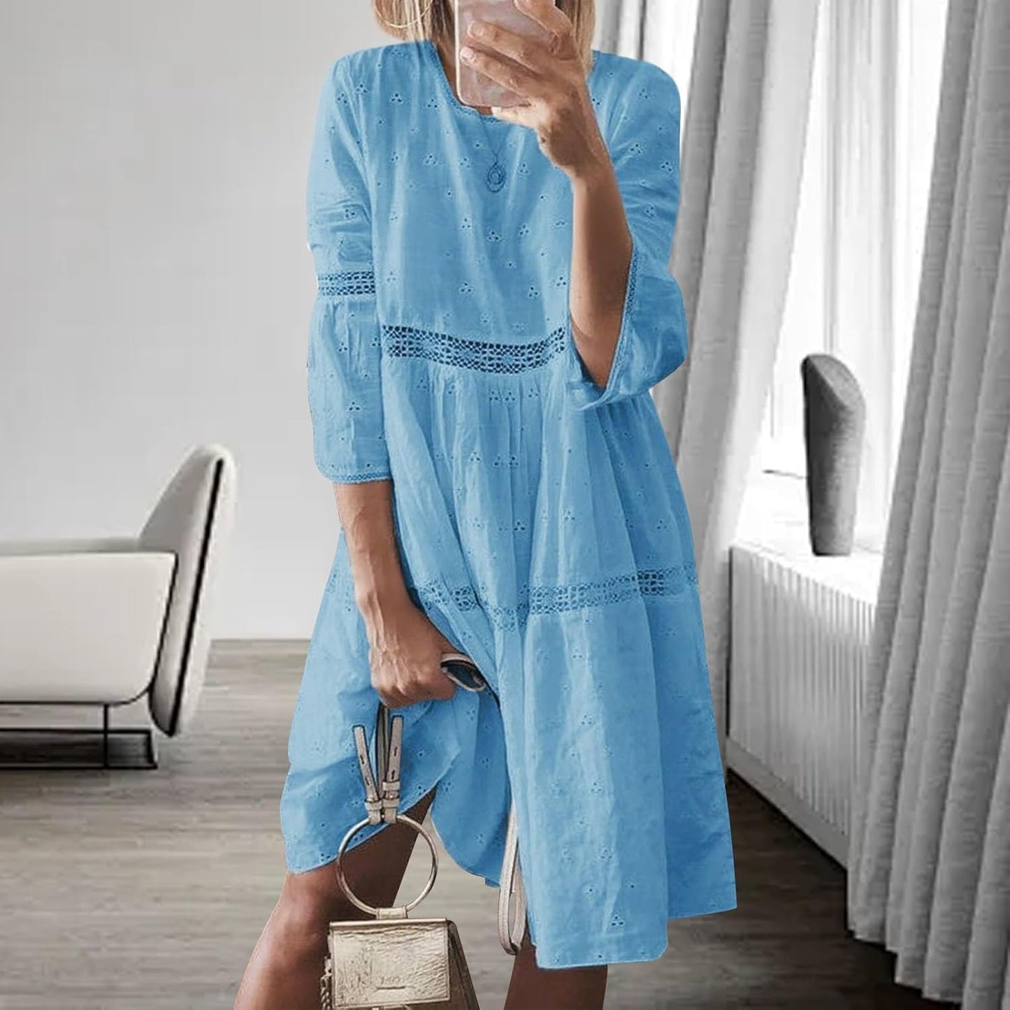 Bejirog Plus Size Linen Dress for Women, Eyelet Lace 3/4 Sleeve Crew Neck Casual Summer Long Flowy Loose Midi Linen Dress