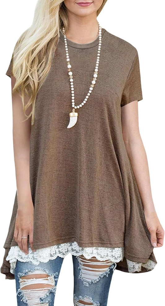 gukoo Lace Trim Short Sleeve Shirt for Women, Swing Tunic Blouse Crew Neck Flowy Flared Tops Trendy 2026 Casual T Shirt