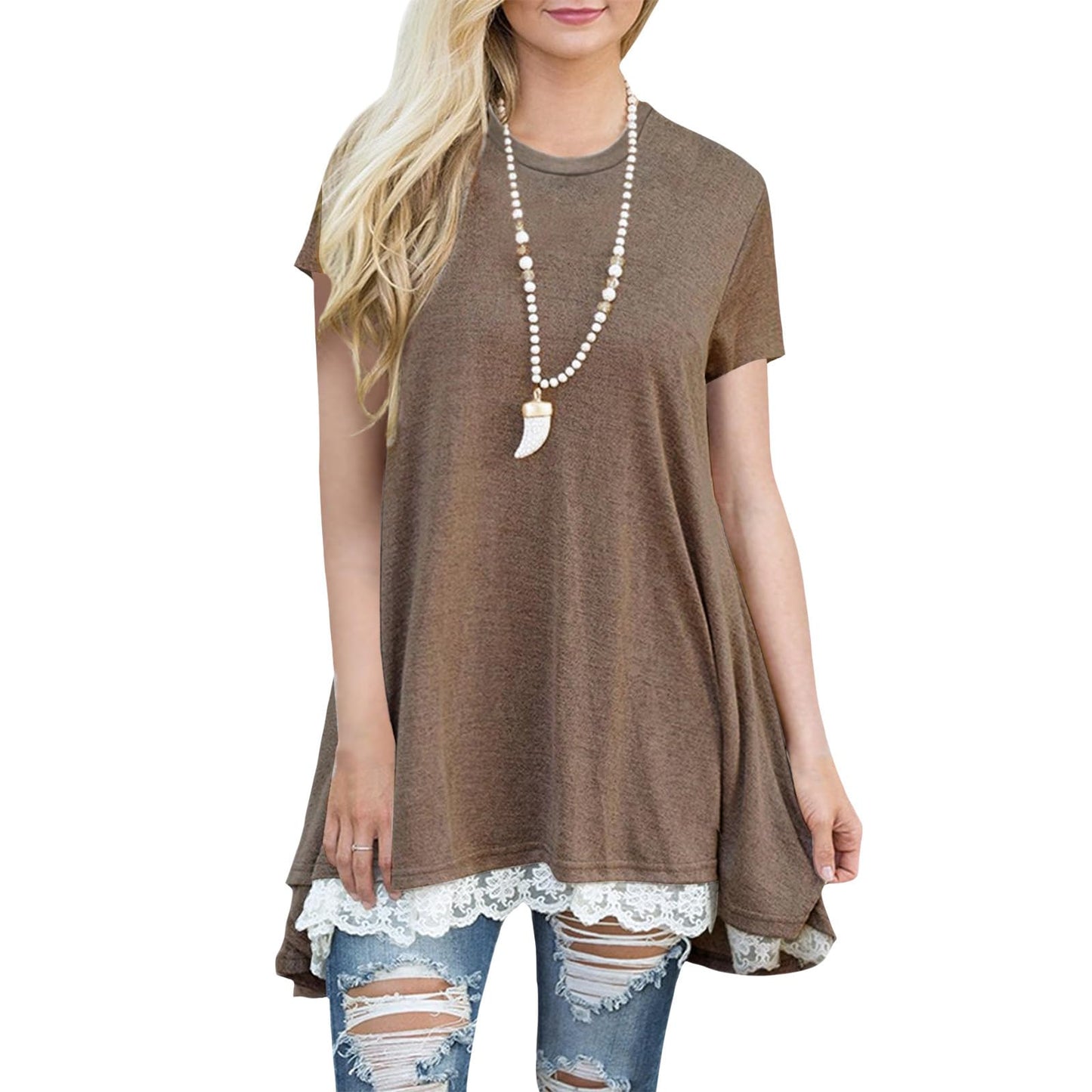 gukoo Lace Trim Short Sleeve Shirt for Women, Swing Tunic Blouse Crew Neck Flowy Flared Tops Trendy 2026 Casual T Shirt