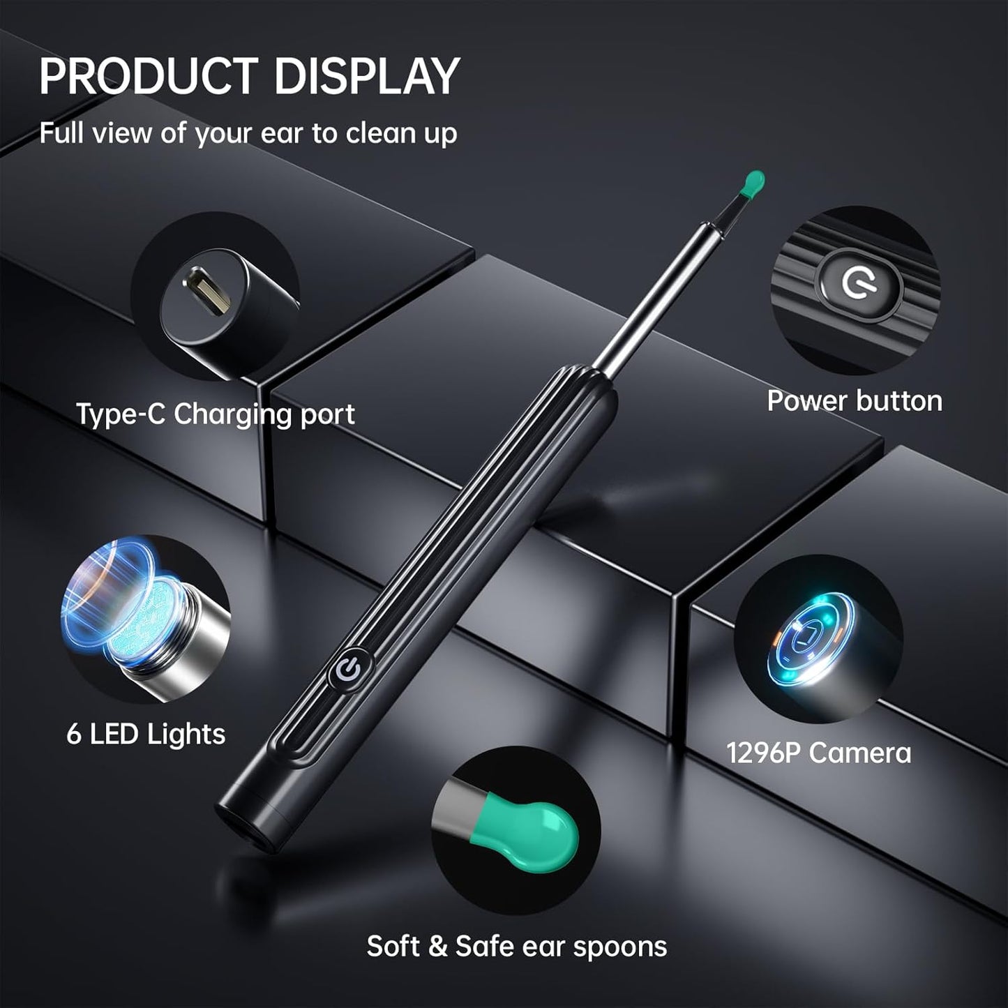 Kribee Ear Wax Removal Tool Camera, Ear Cleaner with Camera, Ear Wax Removal Kit with 1296P Camera, Ear Cleaning Kit, Ear Camera Otoscope with Light for iPhone, iPad, Android Phones - Black