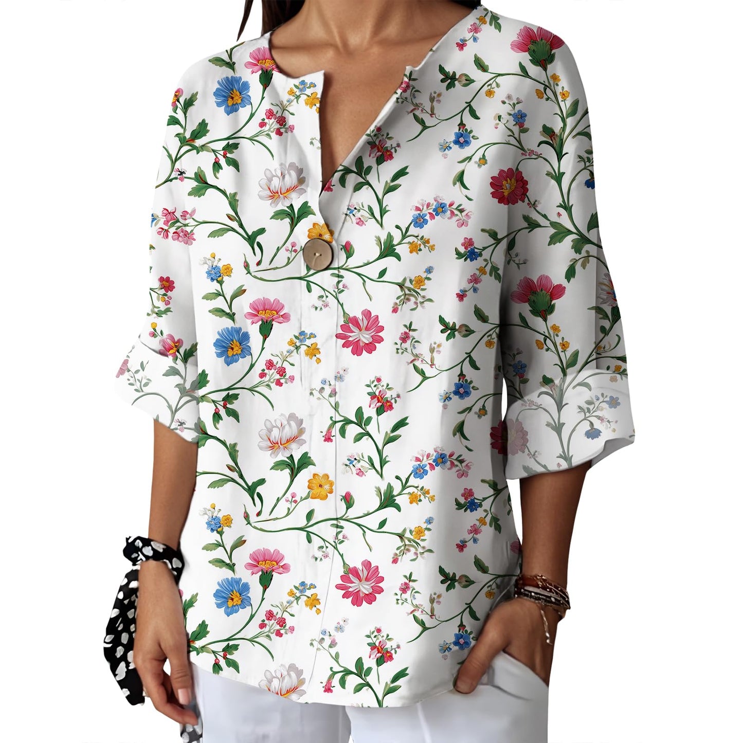 Befox Womens Spring Tops Business Vintage 3/4 Sleeve Boho Button Tunic Linen Blend Floral Printed V-Neck Summer T Shirts