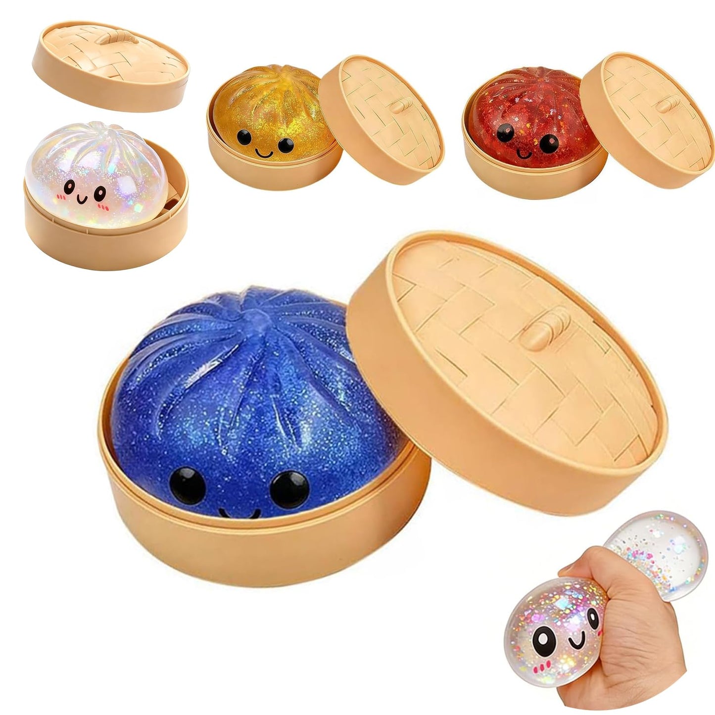 Kribee Glitter Dumpling Squishy-Giant Dumpling Squishy Fidget Toy with Steamer Case,Mega Rainbow Slow-Rising Sensory Decompression Toy, Thermoplastic Rubber, Stress Relief for Adults (Red)