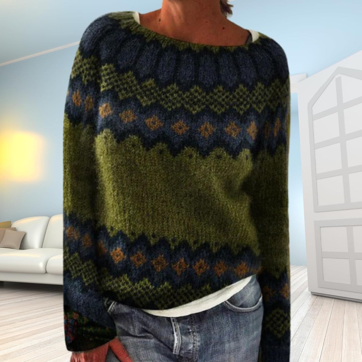WAZZAP Fair Isle Sweater for Women Fall Winter Casual Crewneck Long Sleeve Lightweight Pullover Tops