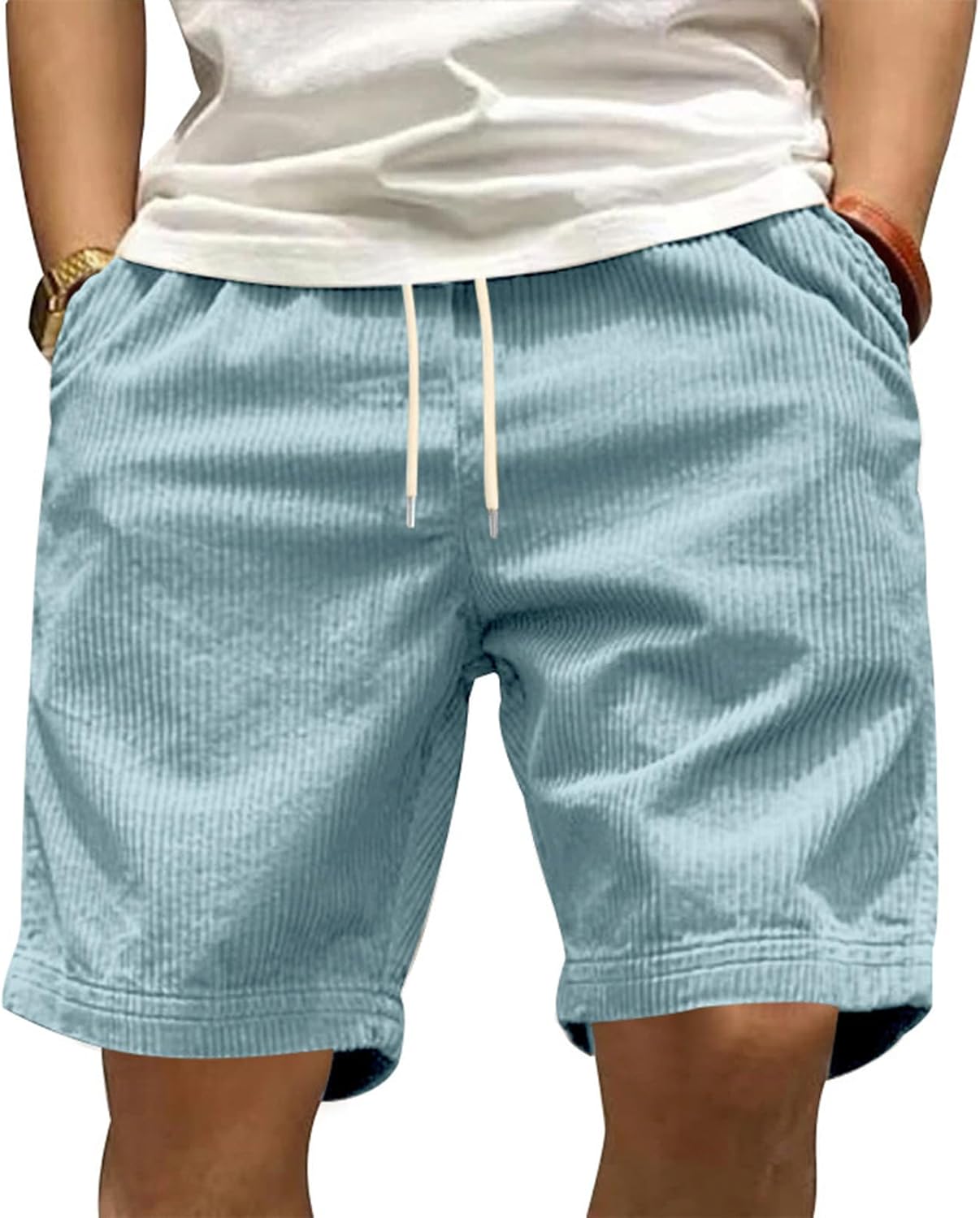 GYMTANK Casual Shorts for Men Solid Corduroy Lightweight Summer Casual Classic Drawstring Waisted Bermuda Shorts with Pockets