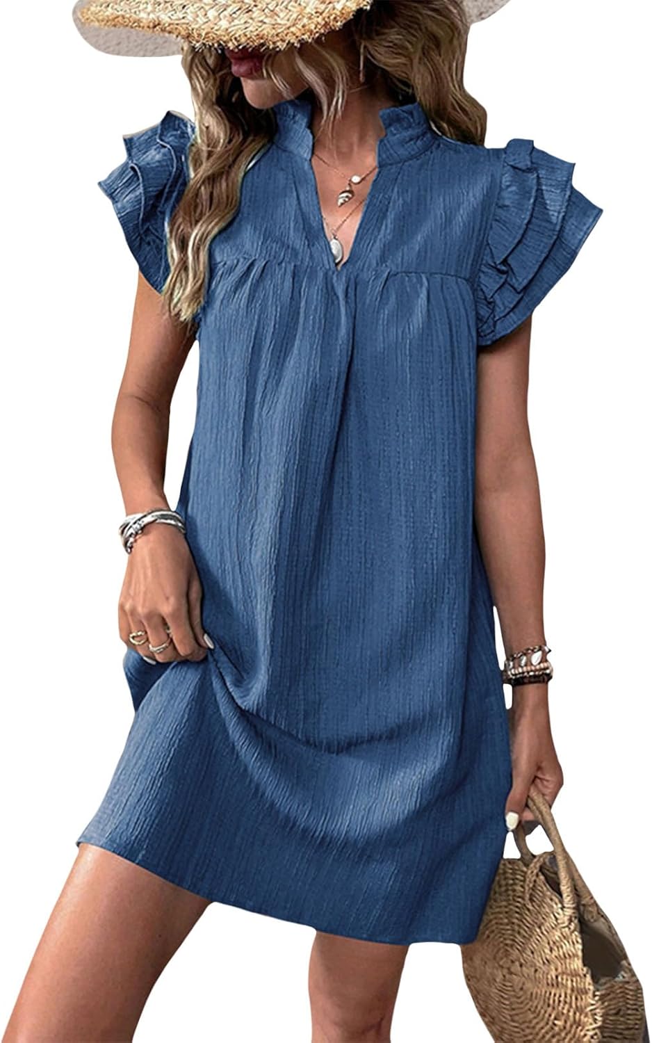 Gymrex Ruffle Sleeve Dress for Women V Neck Summer Casual Ruffle Short Sleeve A Line Mini Women Straight Dresses