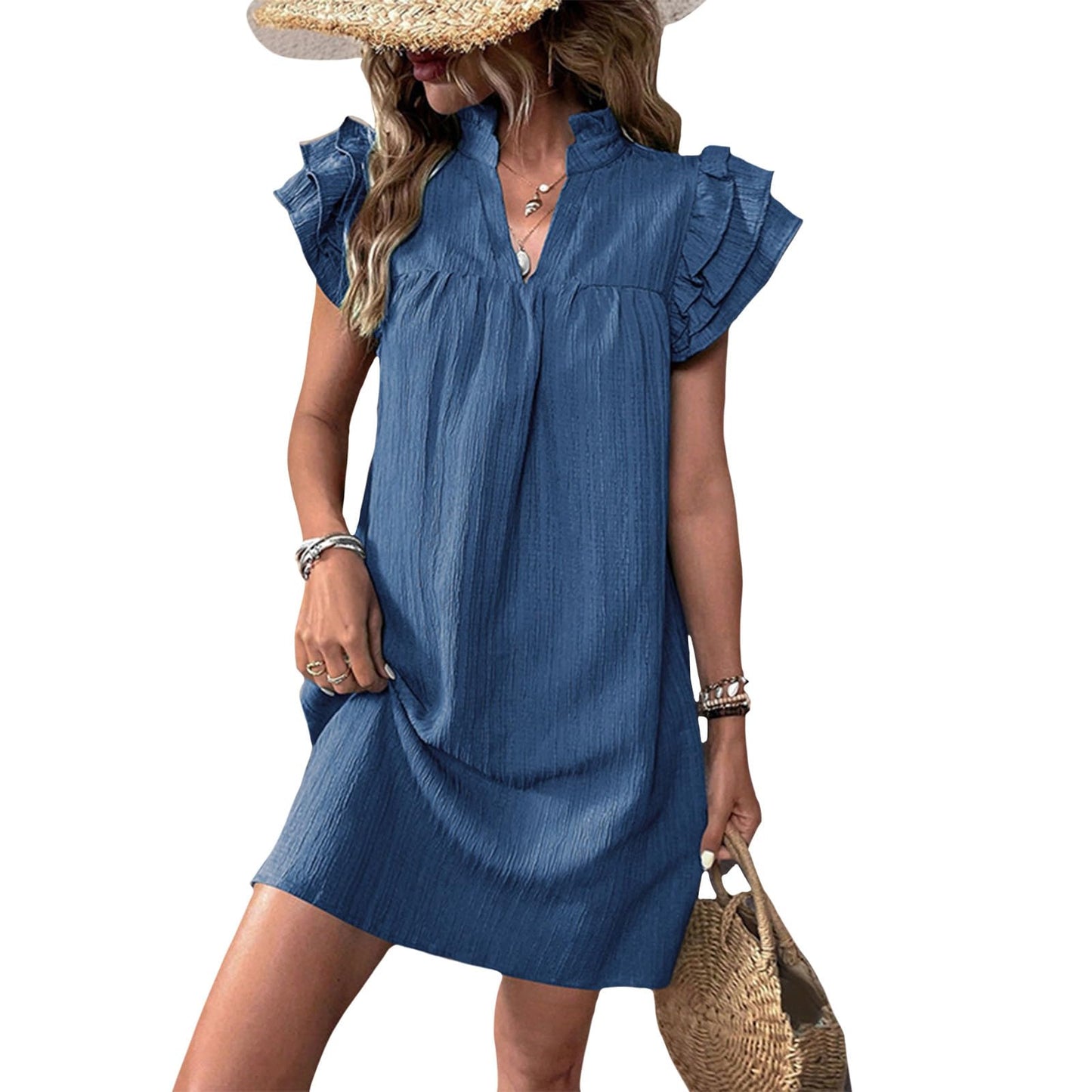 Gymrex Ruffle Sleeve Dress for Women V Neck Summer Casual Ruffle Short Sleeve A Line Mini Women Straight Dresses