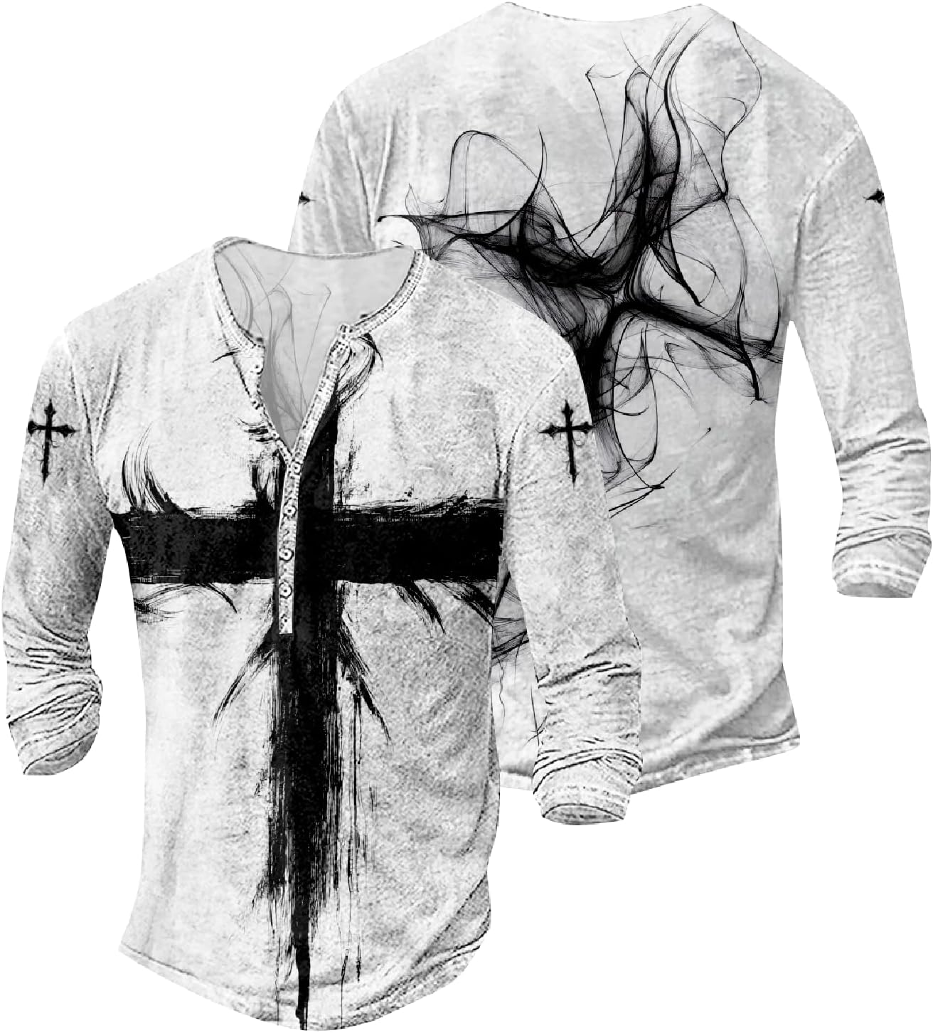 JiffPom Mens Christian Faith Long Sleeves Silky Henley Shirt Cool Jesus Cross Print Casual Button Down Polo Shirts