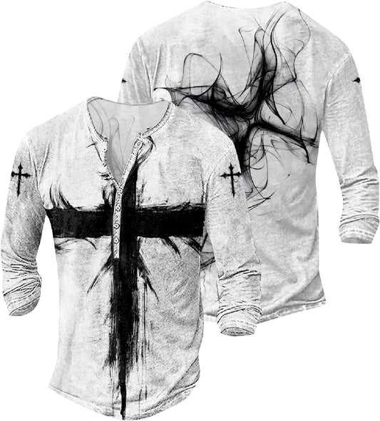 JiffPom Mens Christian Faith Long Sleeves Silky Henley Shirt Cool Jesus Cross Print Casual Button Down Polo Shirts