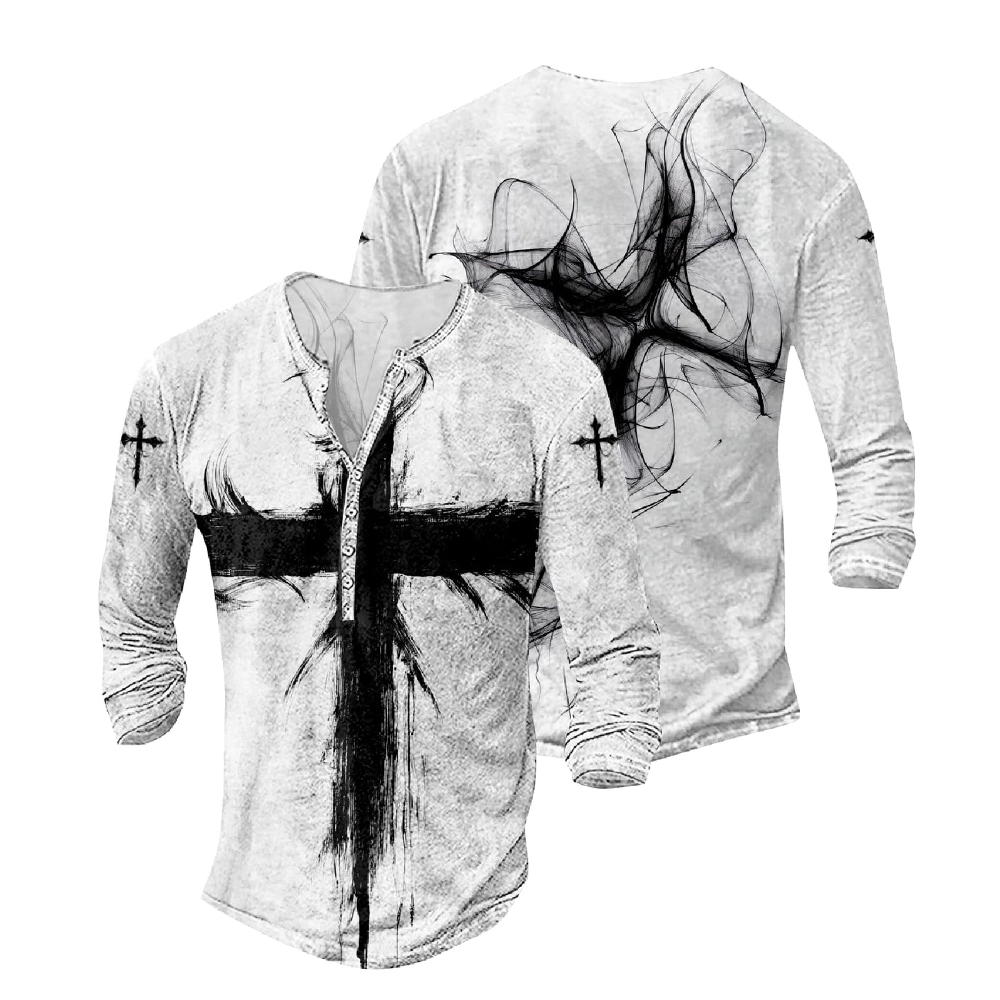 JiffPom Mens Christian Faith Long Sleeves Silky Henley Shirt Cool Jesus Cross Print Casual Button Down Polo Shirts