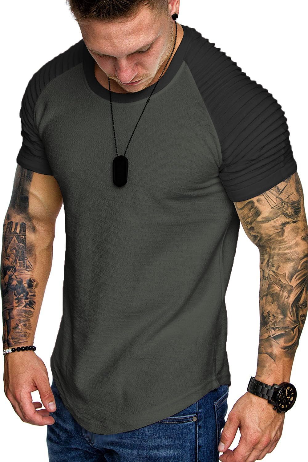 TOFOX Men's Muscle T-Shirt Pleated Raglan Sleeve Bodybuilding Gym Tee Short Sleeve Fashion Workout Shirts Hipster Shirt