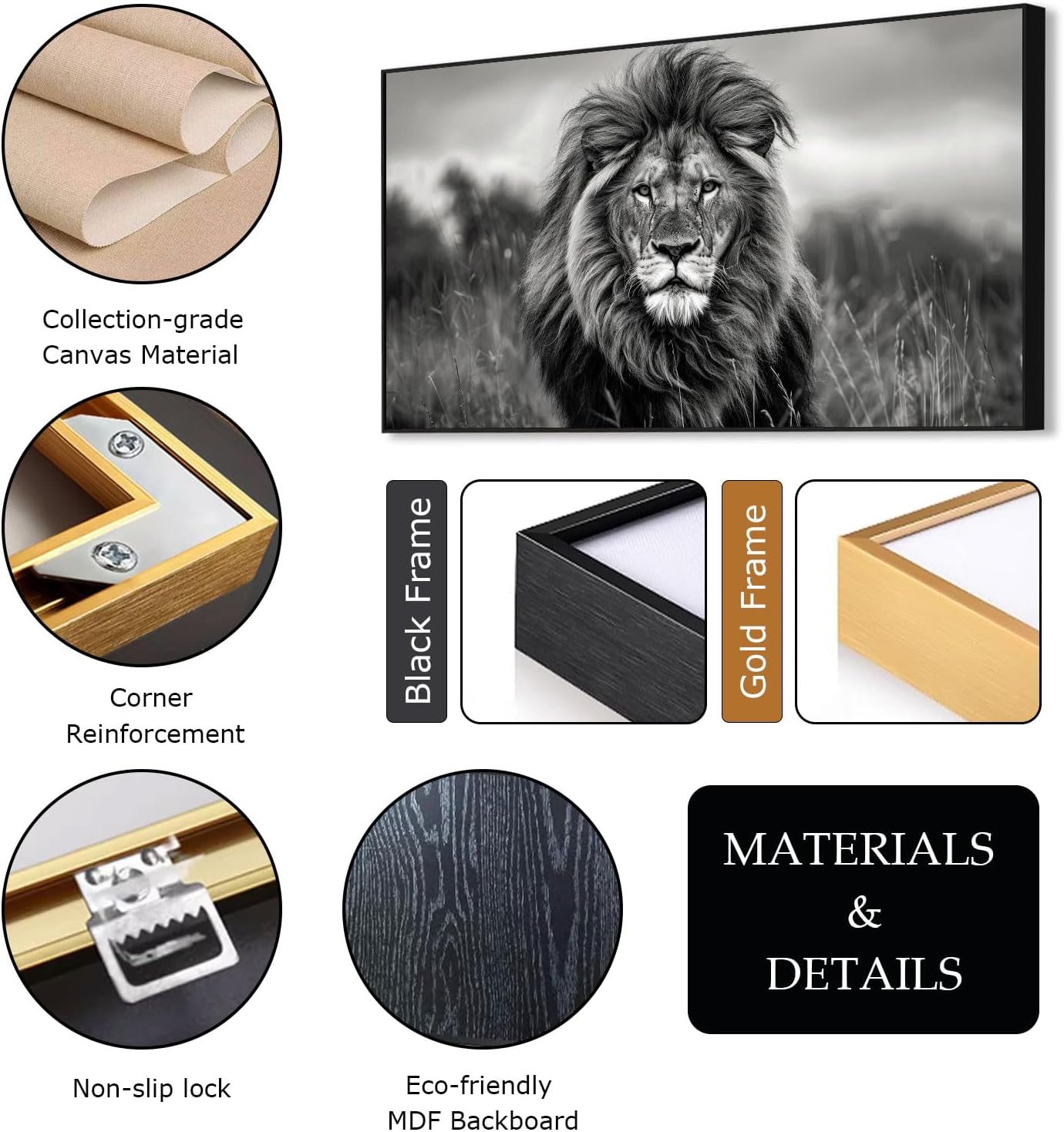 JiffPom Lion Canvas Wall Art, Lion Pictures Wall Decor, African Wildlife Canvas Wall Art, Animal Posters, Black And White Art Prints, Farmhouse Decor, Home Decor Living Room (Black Framed, 48"x27"|122x68cm)