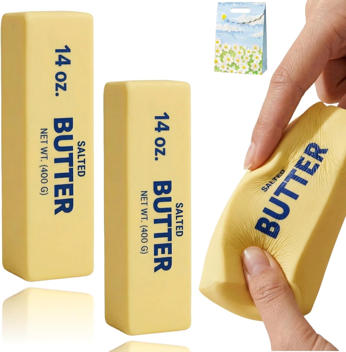 Kribee 14oz Big Butter Squishy, Giant Realistic Butter Squeeze Toys & Mini Squeezy Butter Set, Soft Slow Rising Stress Relief Fidget Toy for Stress Relief Anxiety Sensory Gifts (Yellow 2pcs,14oz)