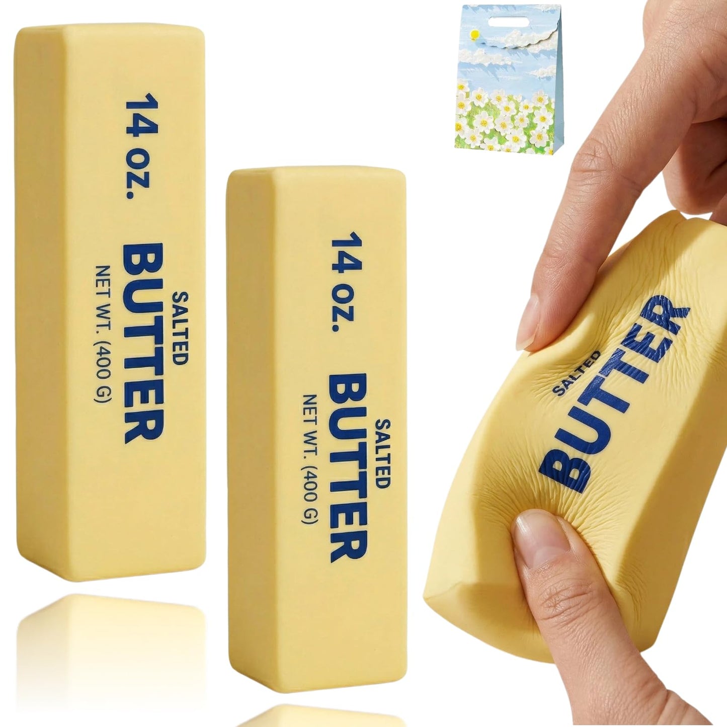 Kribee 14oz Big Butter Squishy, Giant Realistic Butter Squeeze Toys & Mini Squeezy Butter Set, Soft Slow Rising Stress Relief Fidget Toy for Stress Relief Anxiety Sensory Gifts (Yellow 2pcs,14oz)