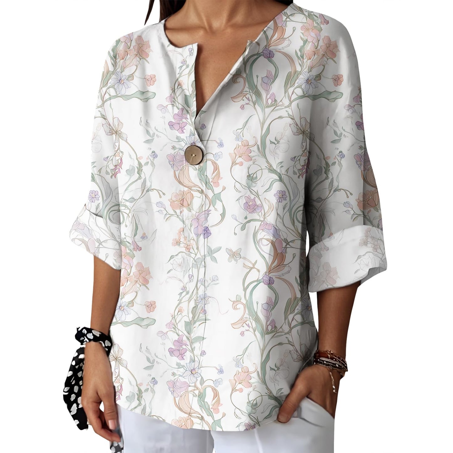 Befox Womens Spring Tops Business Vintage 3/4 Sleeve Boho Button Tunic Linen Blend Floral Printed V-Neck Summer T Shirts
