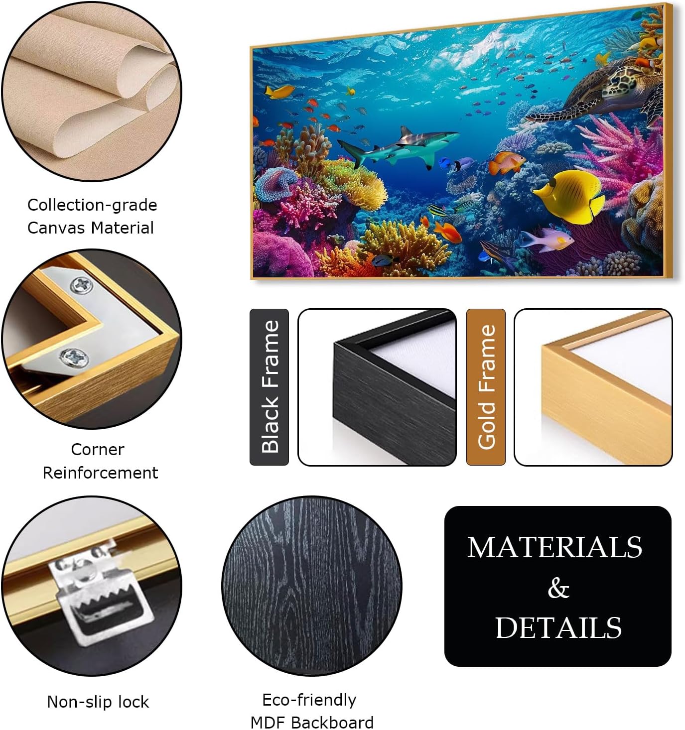 JiffPom Underwater Canvas Wall Art - Sea Life Pictures, Ocean Fish, Tropical Theme - Black Metal Frame, 59"x33" (150x84cm) - Living Room Wall Decor