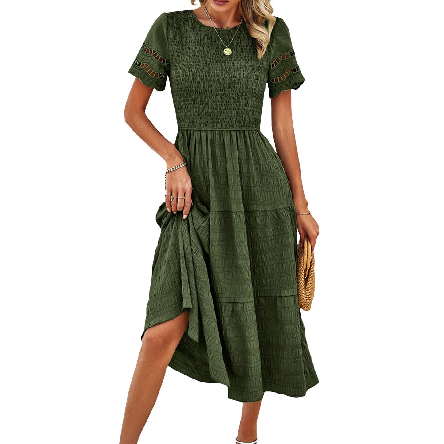 NAILONG Women's Hollow Out Smocked Tiered Ruffle Dress Crew Neck Short Sleeve Flowy Midi Dress Summer A Line Sun Dress