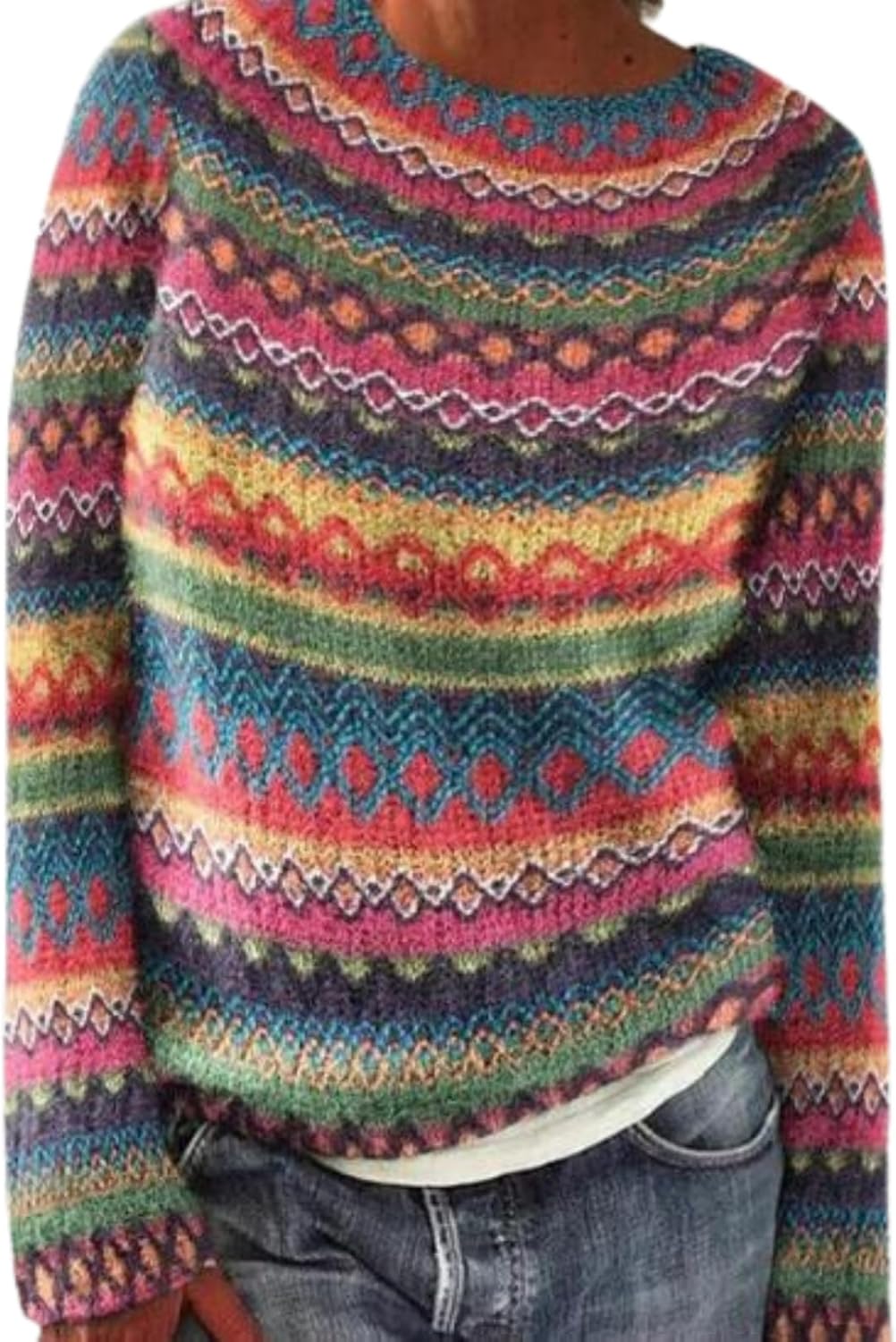 WAZZAP Fair Isle Sweater for Women Fall Winter Casual Crewneck Long Sleeve Lightweight Pullover Tops