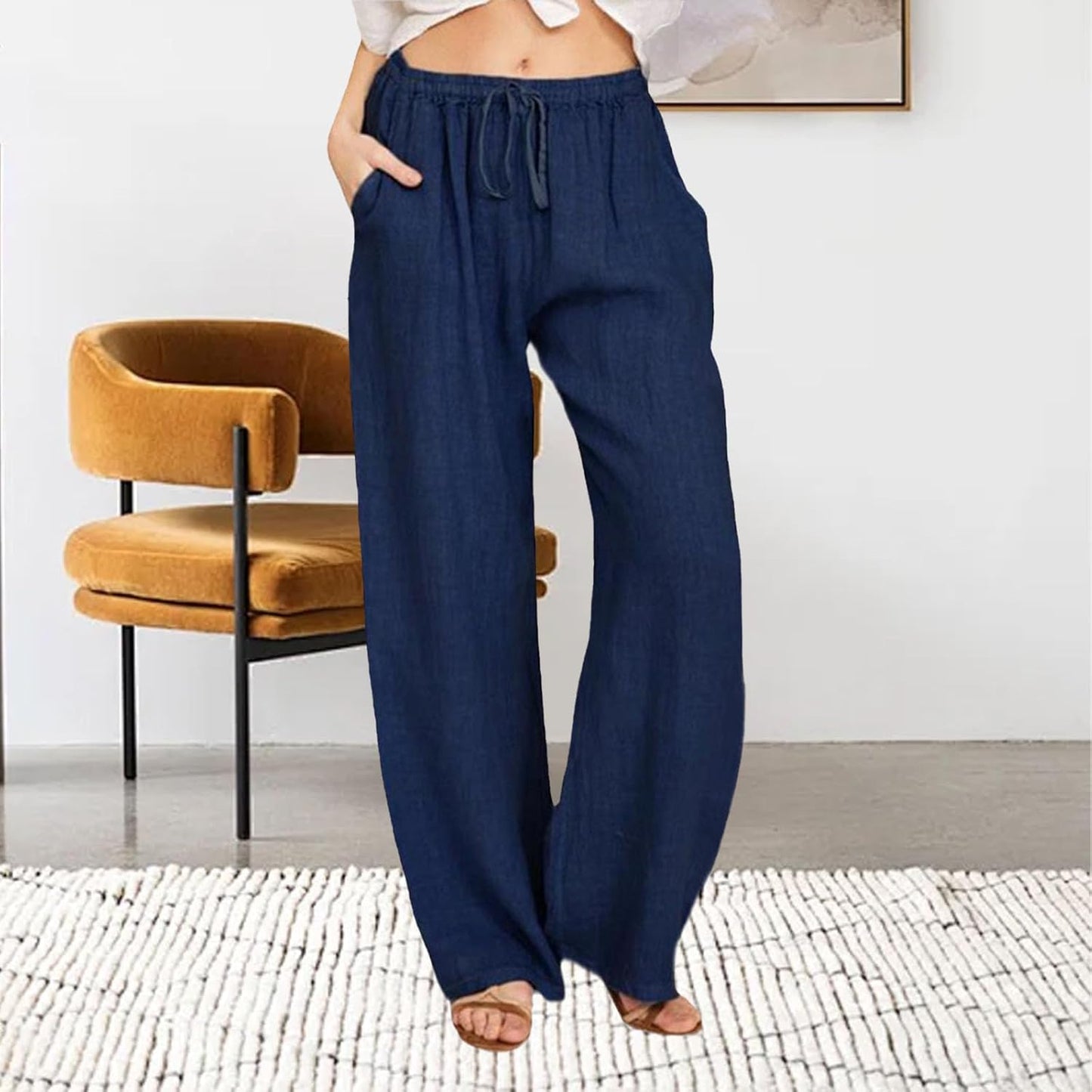 WAZZAP Women Pure Linen Wide Leg Pants High Waisted Drawstring Loose Trousers with Pockets for Summer