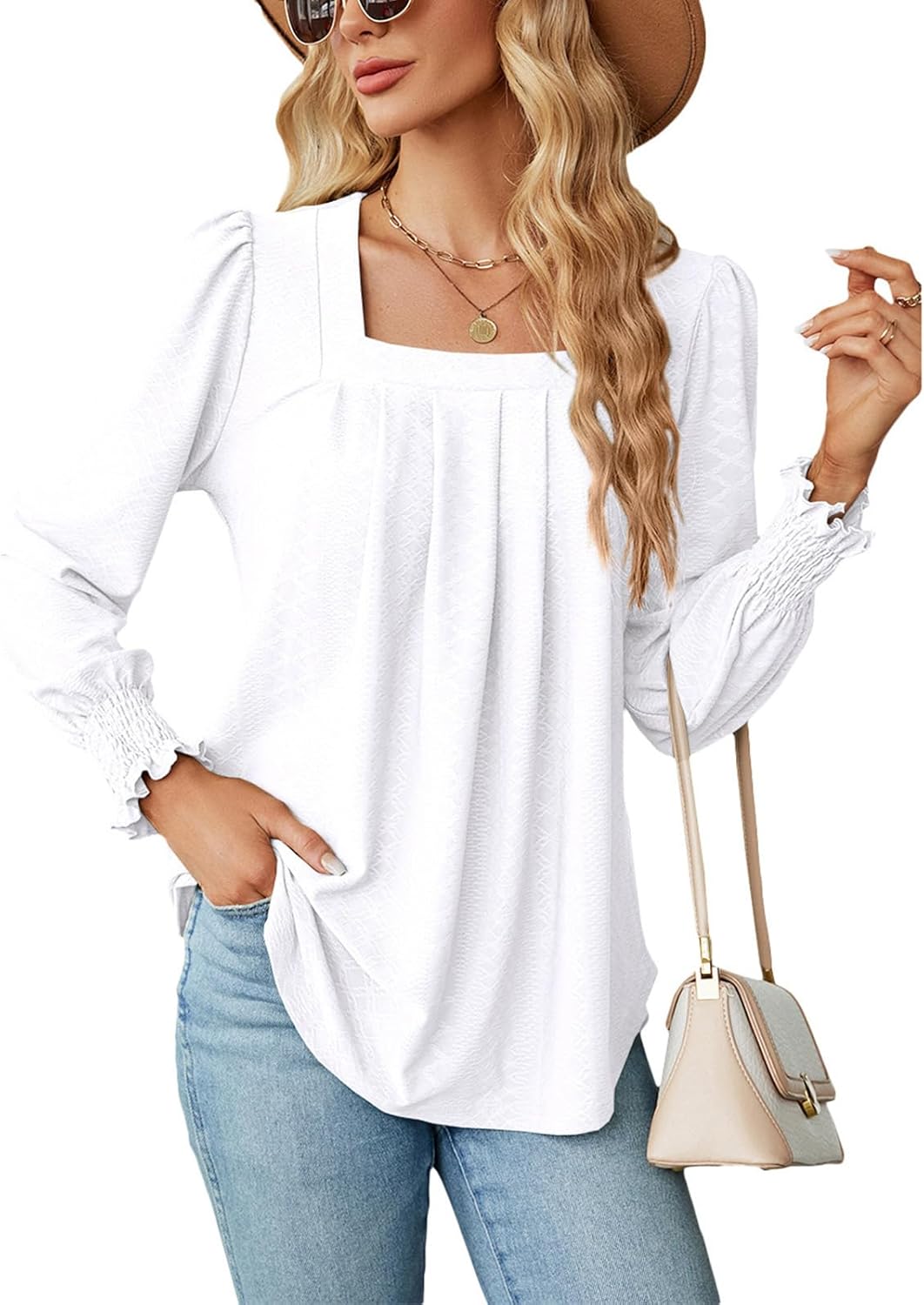 Befox Square Neck Pleated Tops for Women, Flowy Tunic Blouse Puff Sleeve Lightweight Loose Dressy Casual Pleated Shirt