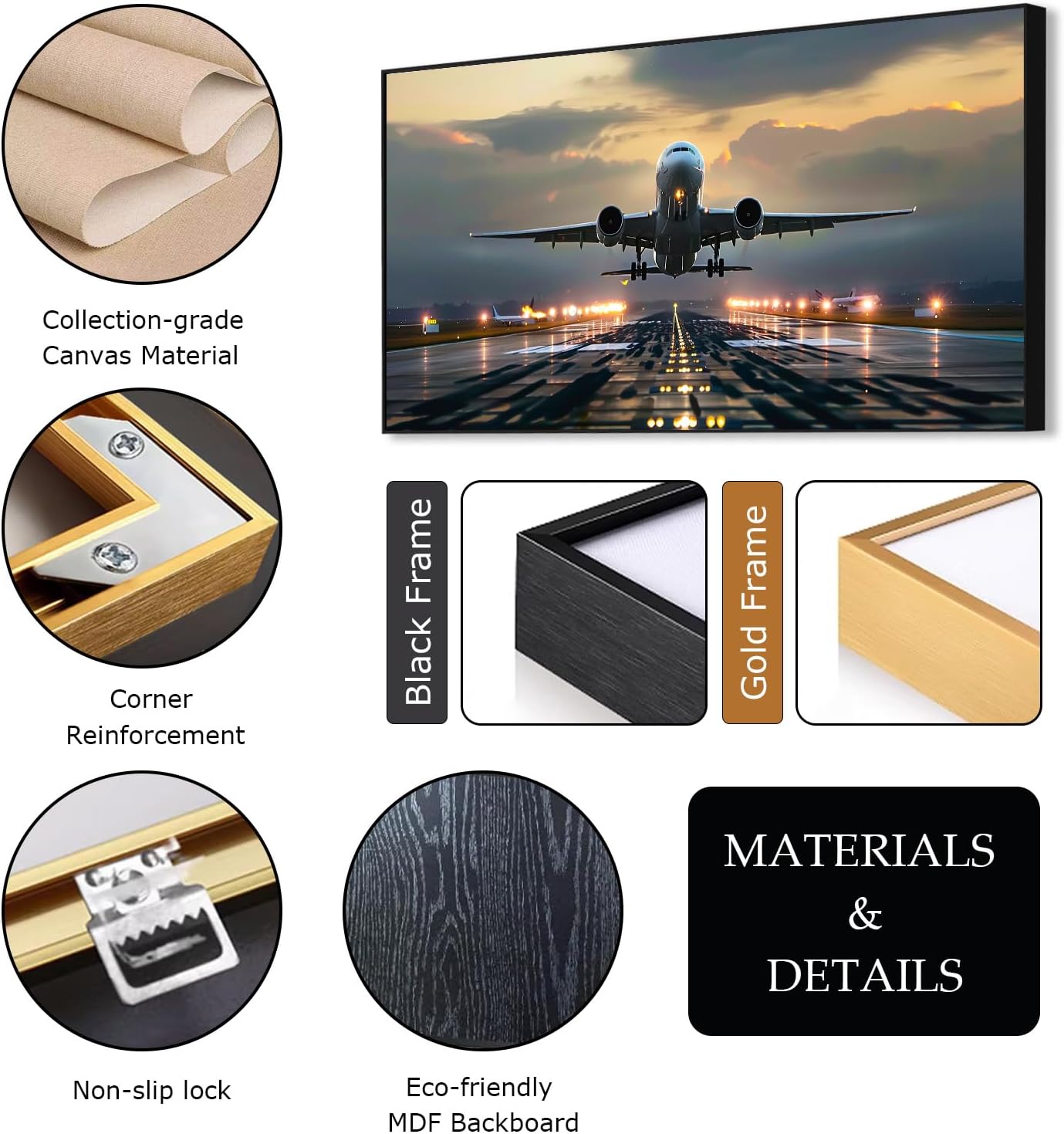 JiffPom Airplane Canvas Wall Art, Taking Off, Aircraft, Aviation, Airport, Airplane Pictures, Home Office Decor, Pilot Gift (Black Frame, 39"x19" | 100x50cm)