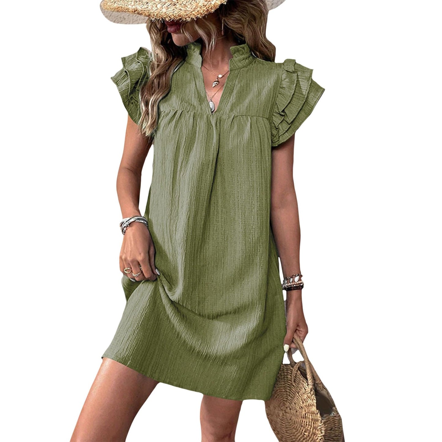Gymrex Ruffle Sleeve Dress for Women V Neck Summer Casual Ruffle Short Sleeve A Line Mini Women Straight Dresses