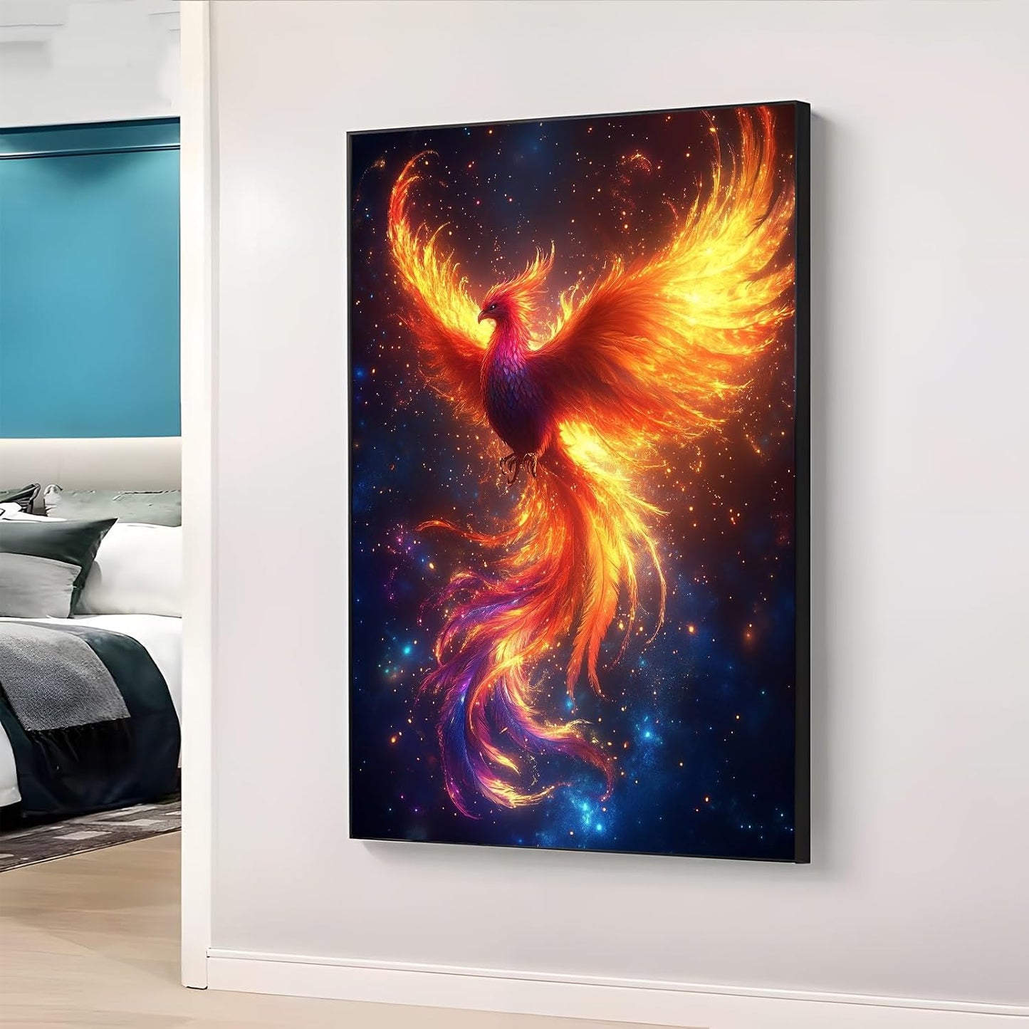 JiffPom Phoenix Rising Canvas Wall Art, Phoenix Canvas Wall Art, Phoenix Fire Bird Wall Art, Mythical Canvas Wall Art, Fantasy Phoenix Wall Decor, Inspirational Home Decor, Office Wall Art (Gold Framed, 32"x48" | 82x122cm)
