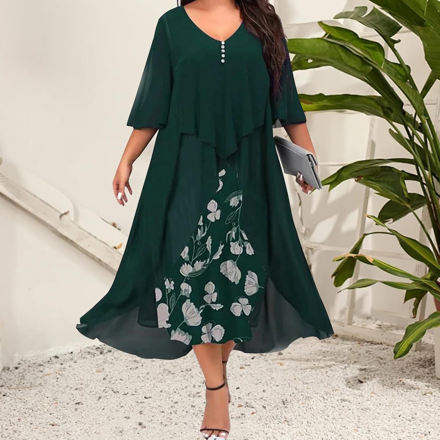 FONDBERYL Flowy Chiffon Floral Maxi Dress for Women V Neck Half Sleeve Ruffle Plus Size Elegant Cocktail Wedding Guest Dresses