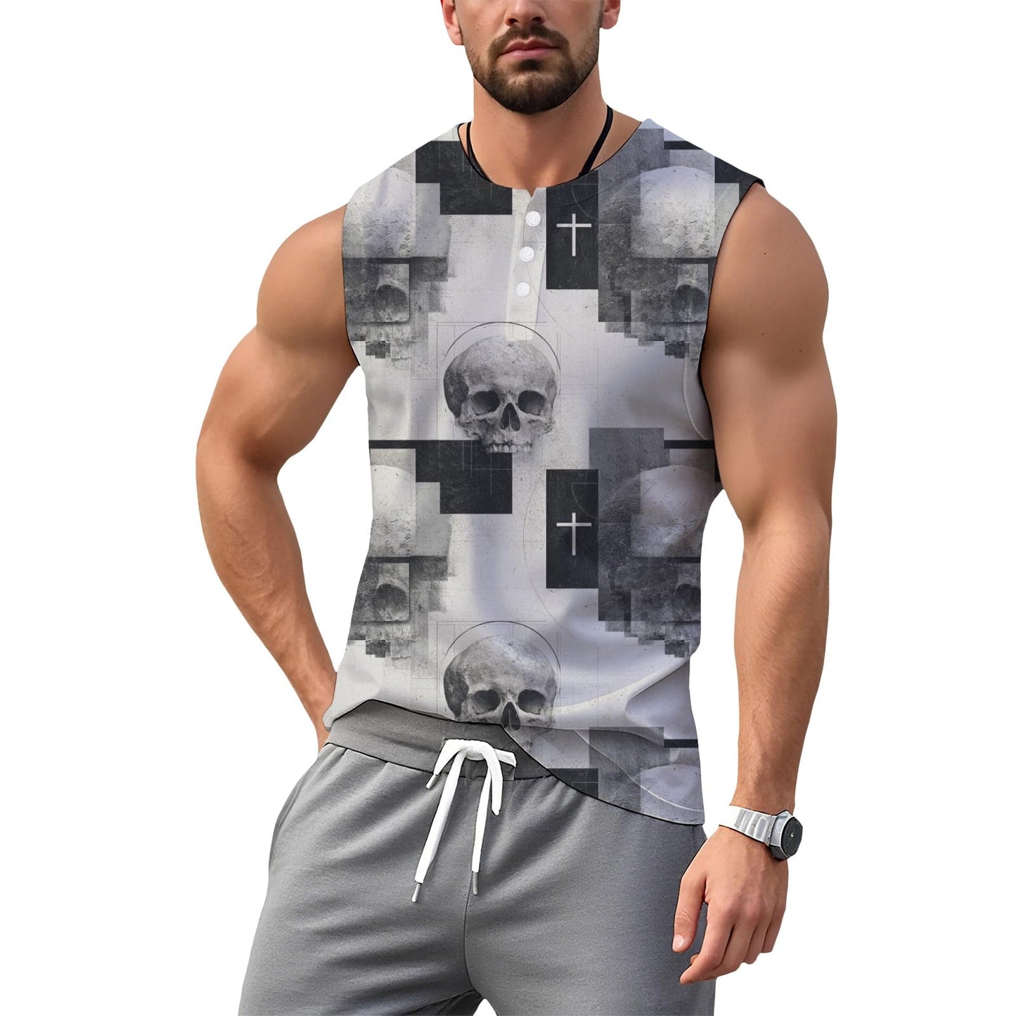 NAVARCH Mens Tank Tops for Workout Skull Print Casual Sleeveless Muscle Shirts Crewneck Loose Fit Basic Beach Top