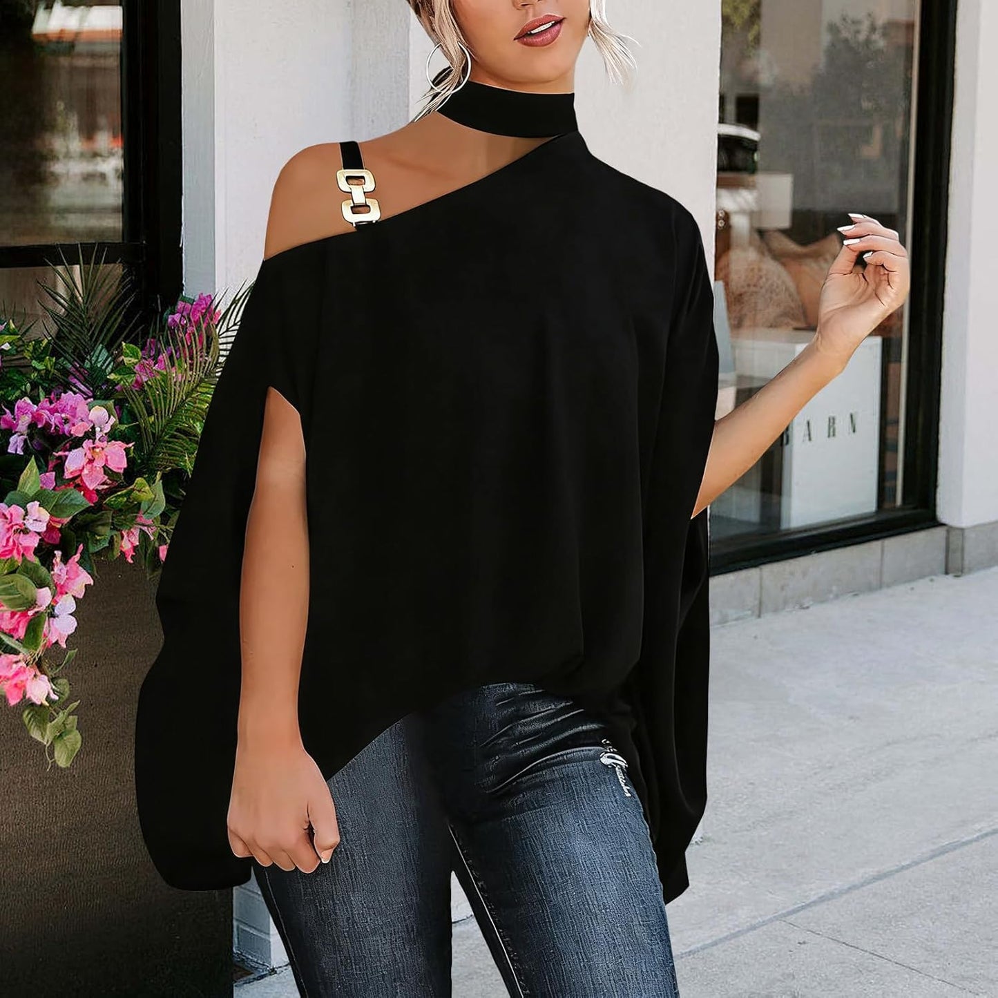 WAZZAP Women‘s One Shoulder Dolman Tops, Batwing Sleeve Off Shoulder Mock Neck Loose Dressy Blouse for Women Elegant Shirts