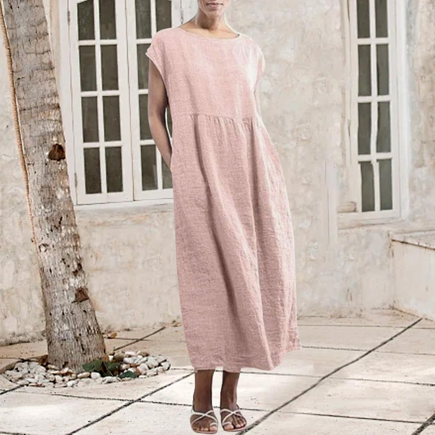 gukoo Cotton Linen Dress for Women Short Sleeve Casual Crew Neck Loose Maxi Summer 2026 Beach Vacation Dress with Pockets