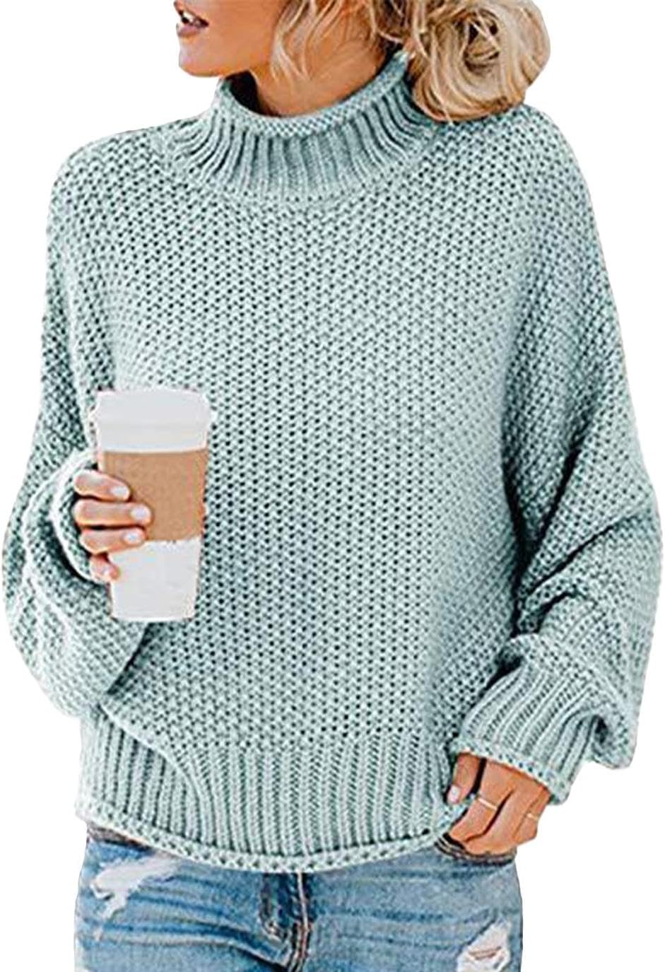 WAZZAP Women Sweater for Autumn Winter Casual Trendy Lightweight Tops Long Cuffed Sleeve Mock Neck Sweater
