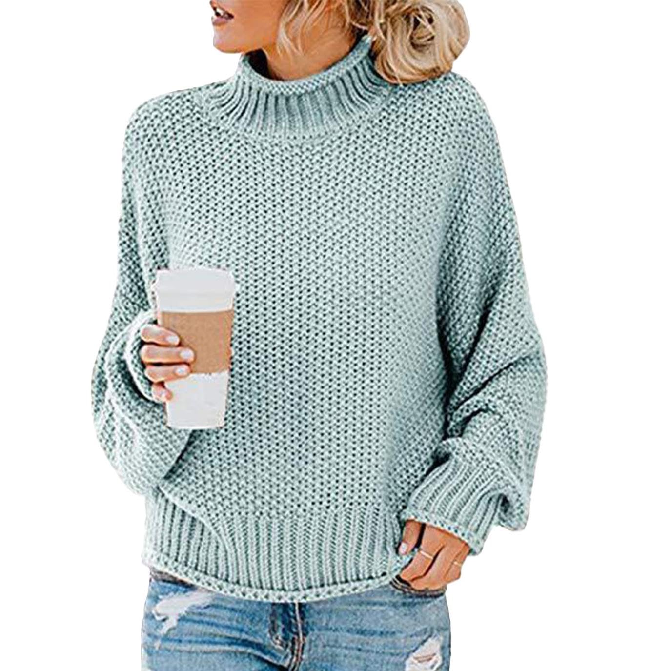 WAZZAP Women Sweater for Autumn Winter Casual Trendy Lightweight Tops Long Cuffed Sleeve Mock Neck Sweater