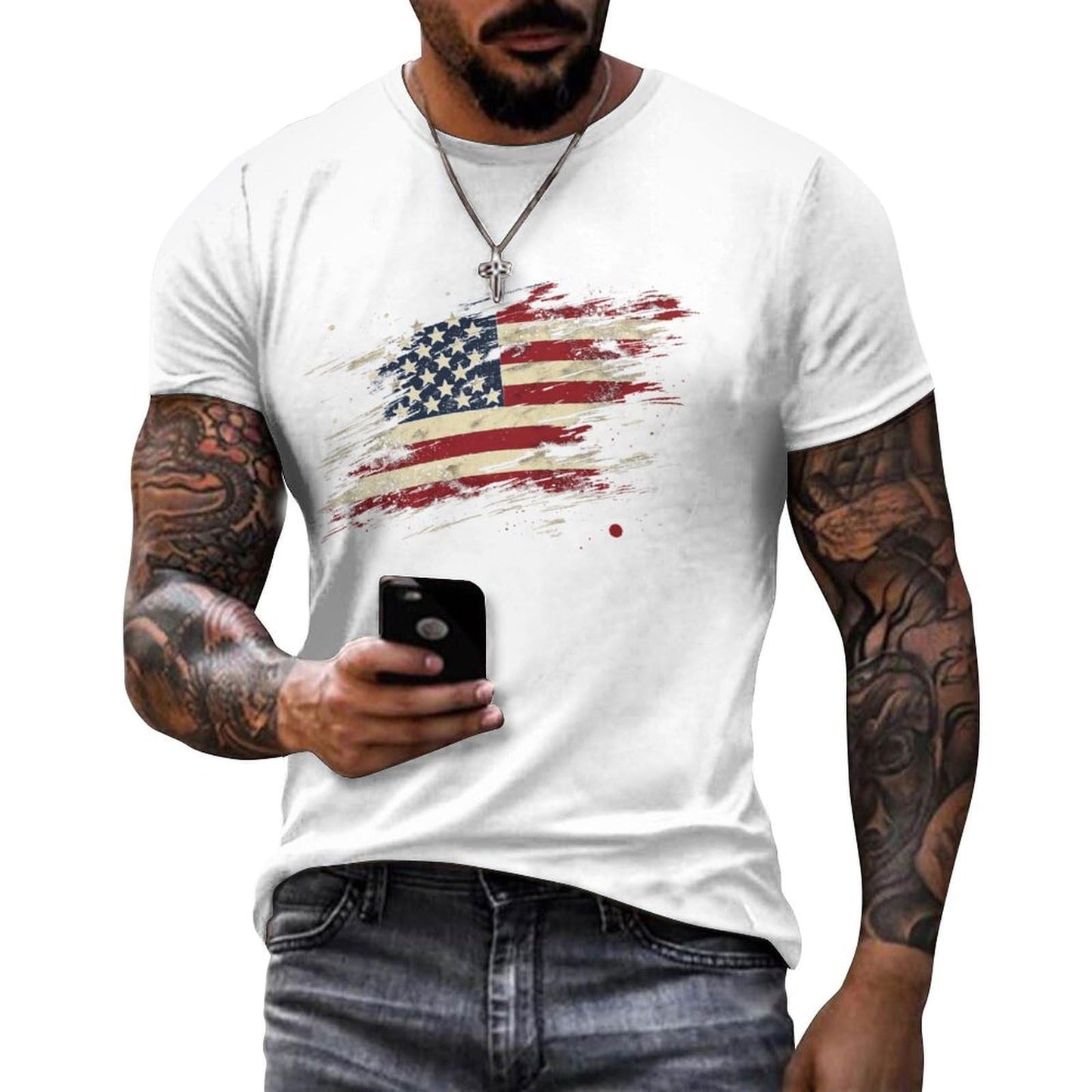 NAVARCH American Flag Shirt for Men Short Sleeve Crewneck Casual Stylish Summer Shirts Graphic Skull Print T-Shirt Tops