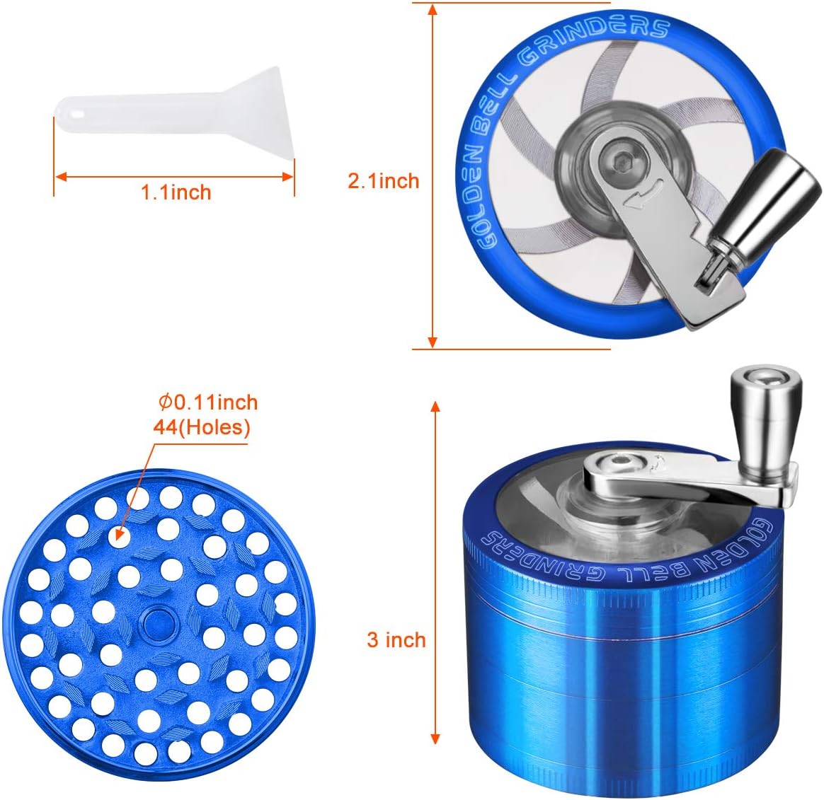 Kribee 2 inch Hand Cranked Spice Grinder with Pollen Scraper Foldable Handle Grinder - 4 Layers Zinc Alloy - Blue