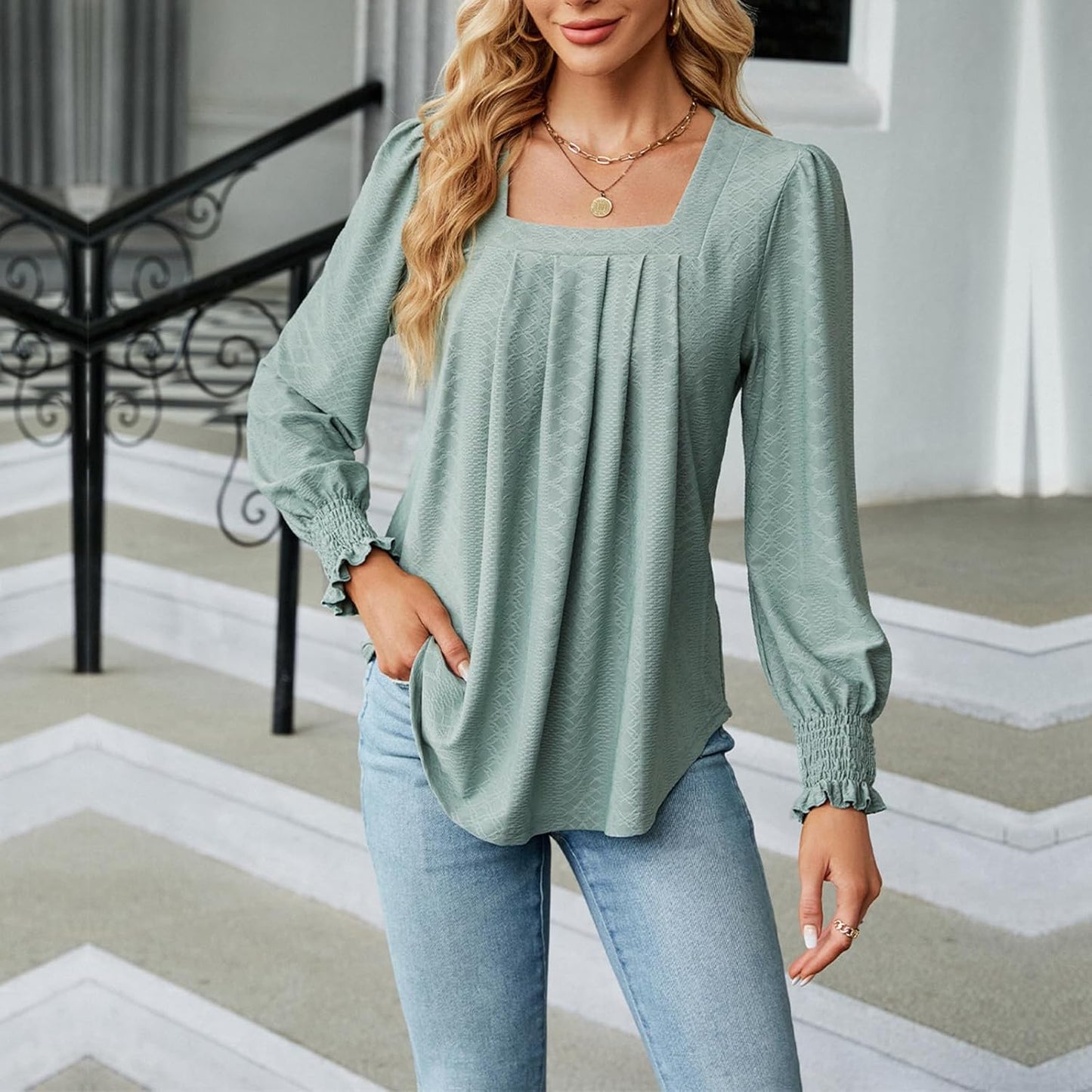 Befox Square Neck Pleated Tops for Women, Flowy Tunic Blouse Puff Sleeve Lightweight Loose Dressy Casual Pleated Shirt