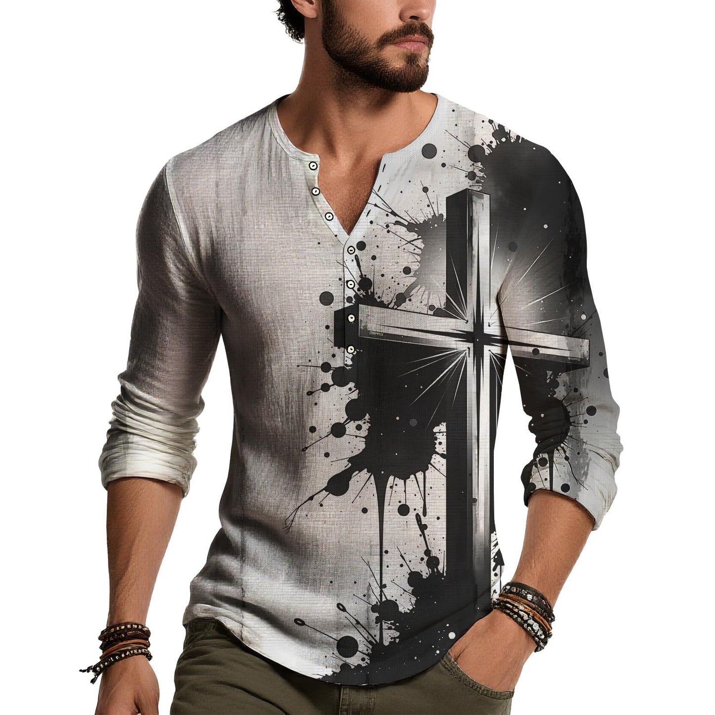 JiffPom Distressed Henley Tshirts for Men Pullover Long Sleeve Button Up T-Shirts Vintage Graphic Tees Washed Streetwear Tops