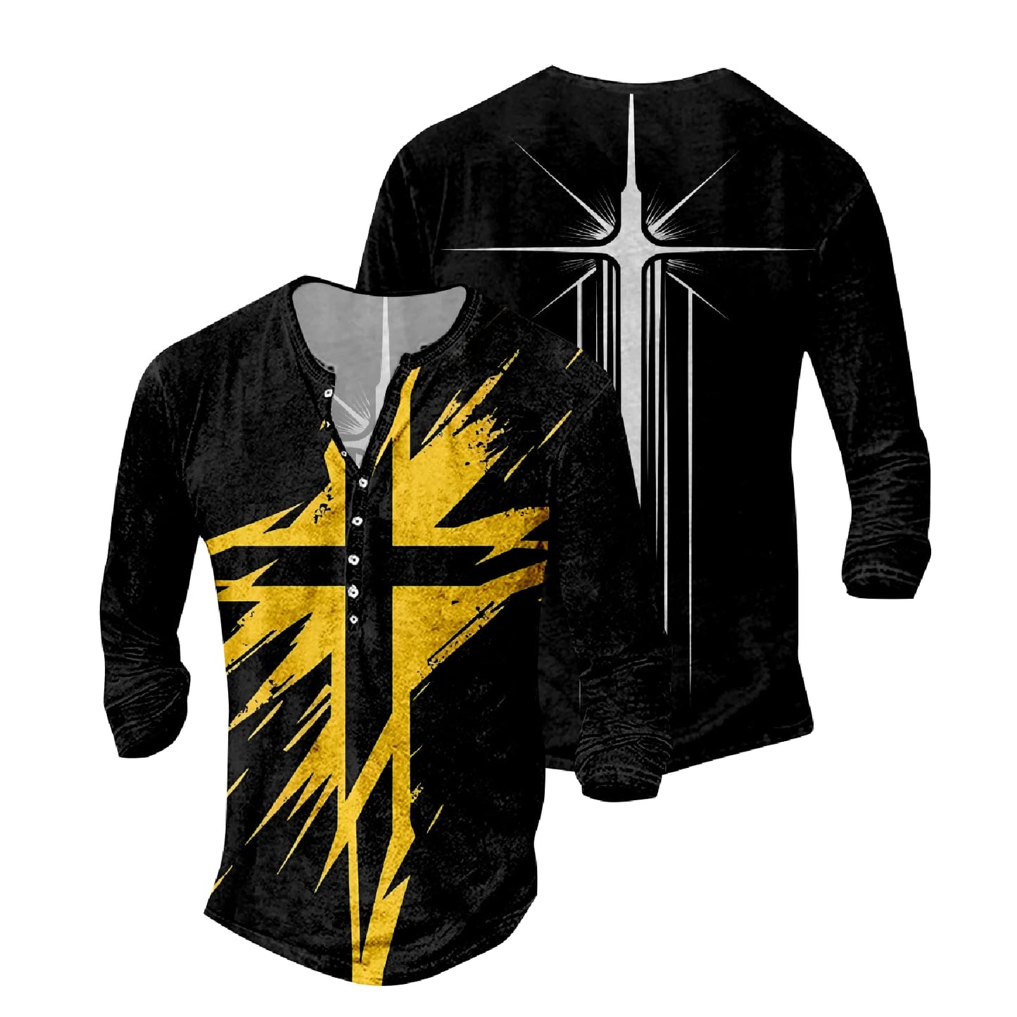 JiffPom Mens Christian Faith Long Sleeves Silky Henley Shirt Cool Jesus Cross Print Casual Button Down Polo Shirts