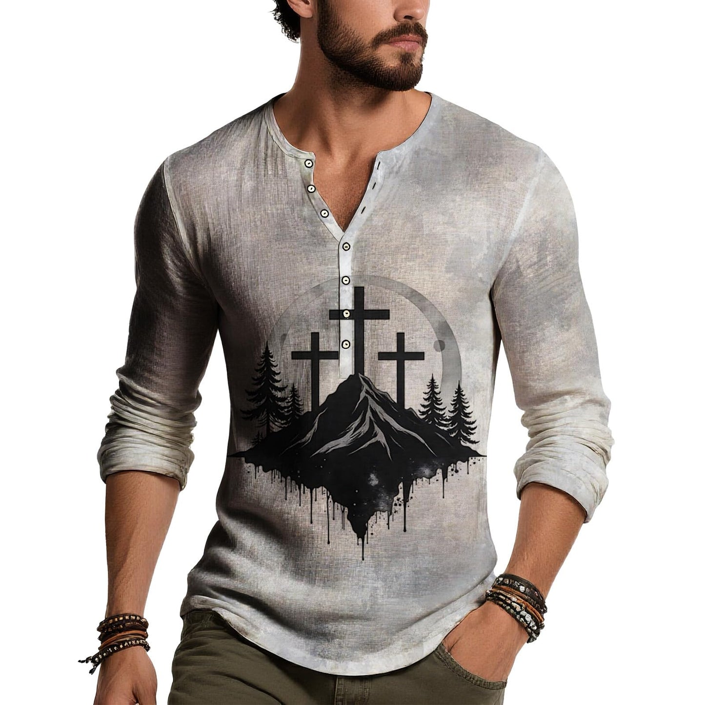 JiffPom Distressed Henley Tshirts for Men Pullover Long Sleeve Button Up T-Shirts Vintage Graphic Tees Washed Streetwear Tops