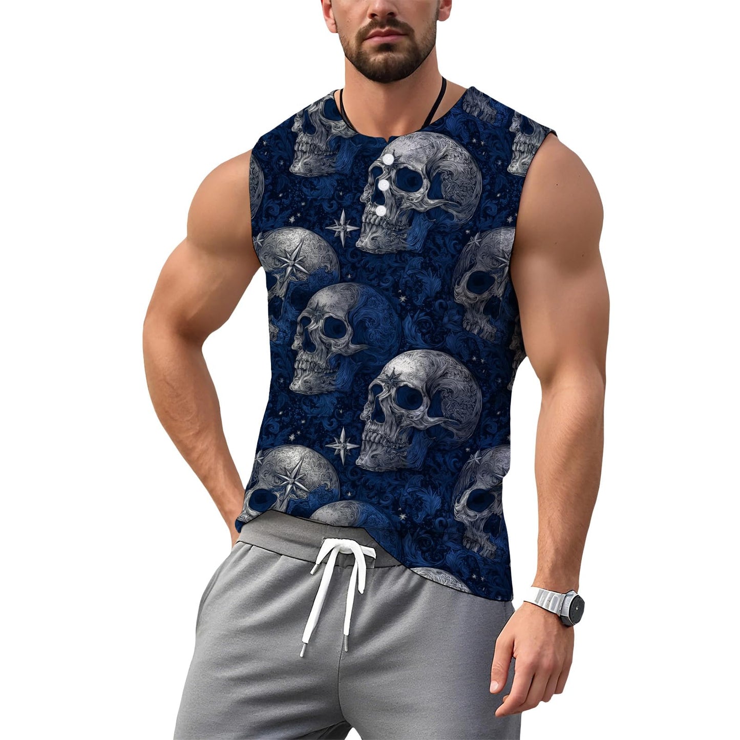 NAVARCH Mens Tank Tops for Workout Skull Print Casual Sleeveless Muscle Shirts Crewneck Loose Fit Basic Beach Top