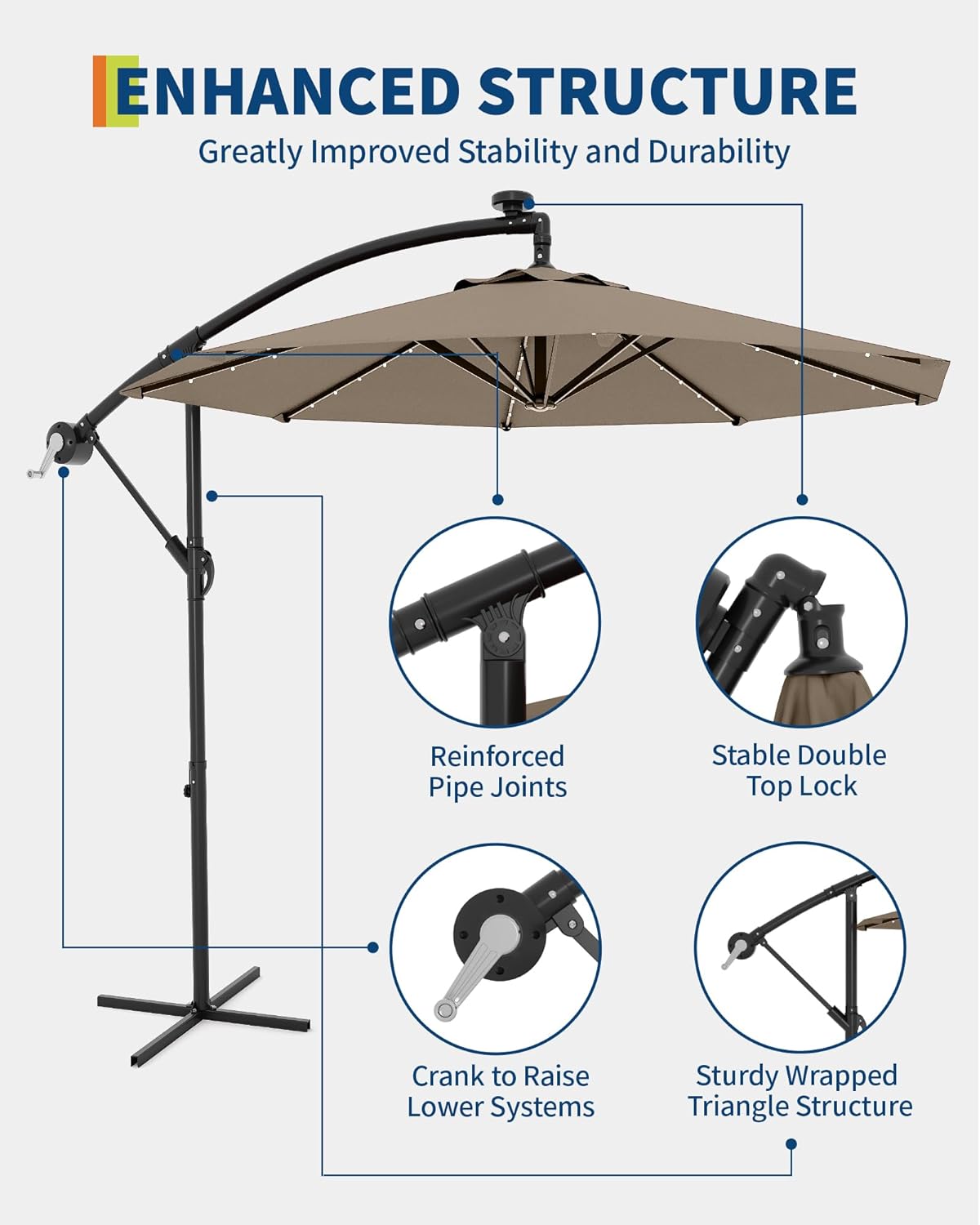 JiffPom 10FT Cantilever Patio Umbrella with Solar LED Lights - Offset Outdoor Umbrella - Easy Lift & Tilt - UV Protection - Fade Resistant - Ideal for Deck, Pool, Garden