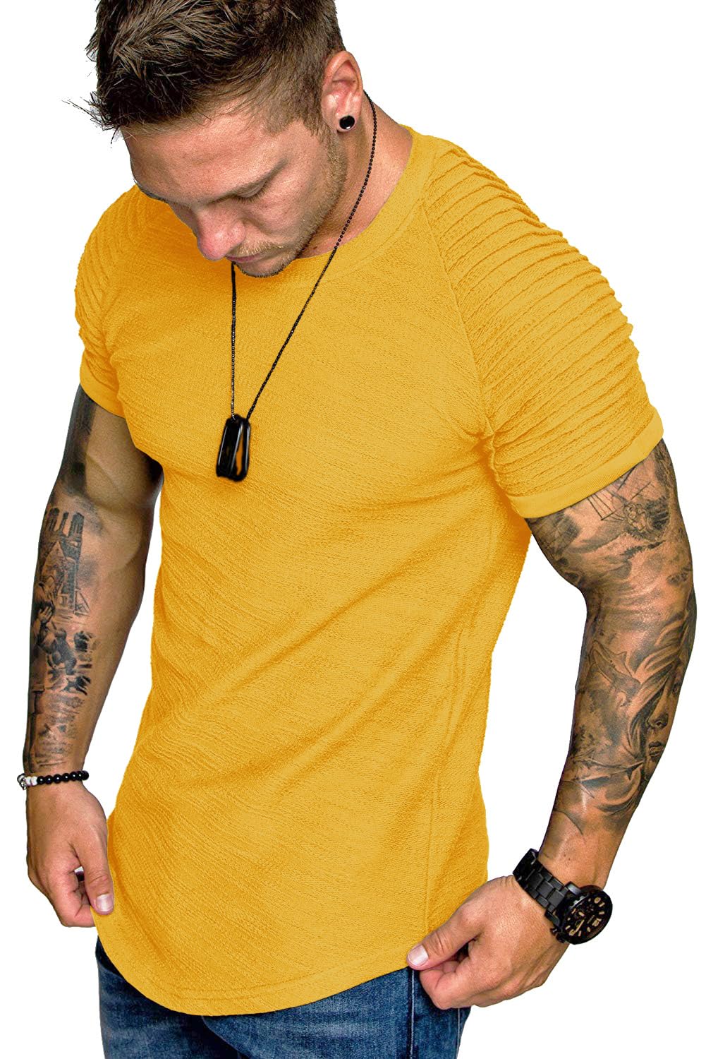 TOFOX Men's Muscle T-Shirt Pleated Raglan Sleeve Bodybuilding Gym Tee Short Sleeve Fashion Workout Shirts Hipster Shirt