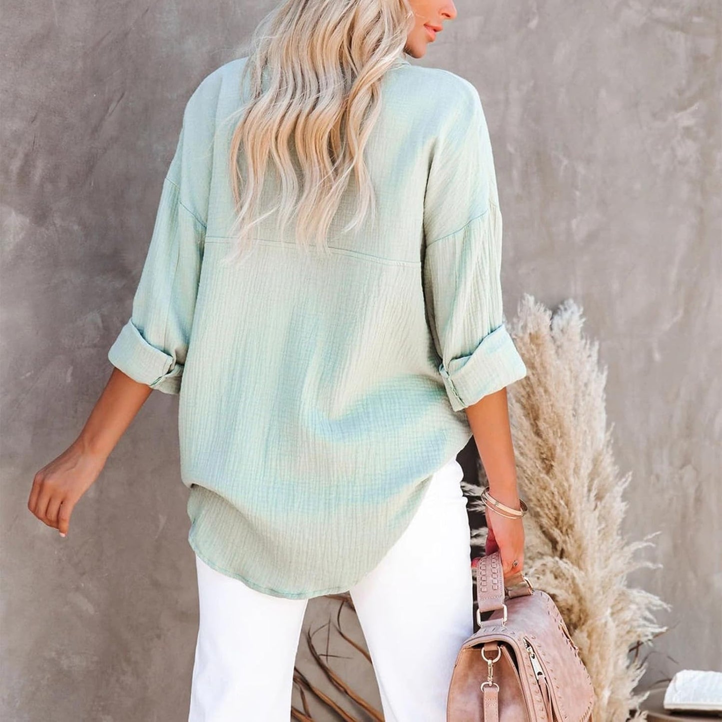 Bejirog Button Down Blouses for Women Dressy Casual, V Neck Long Sleeve Shirt Collared Blouse Trendy Spring Fall Tops