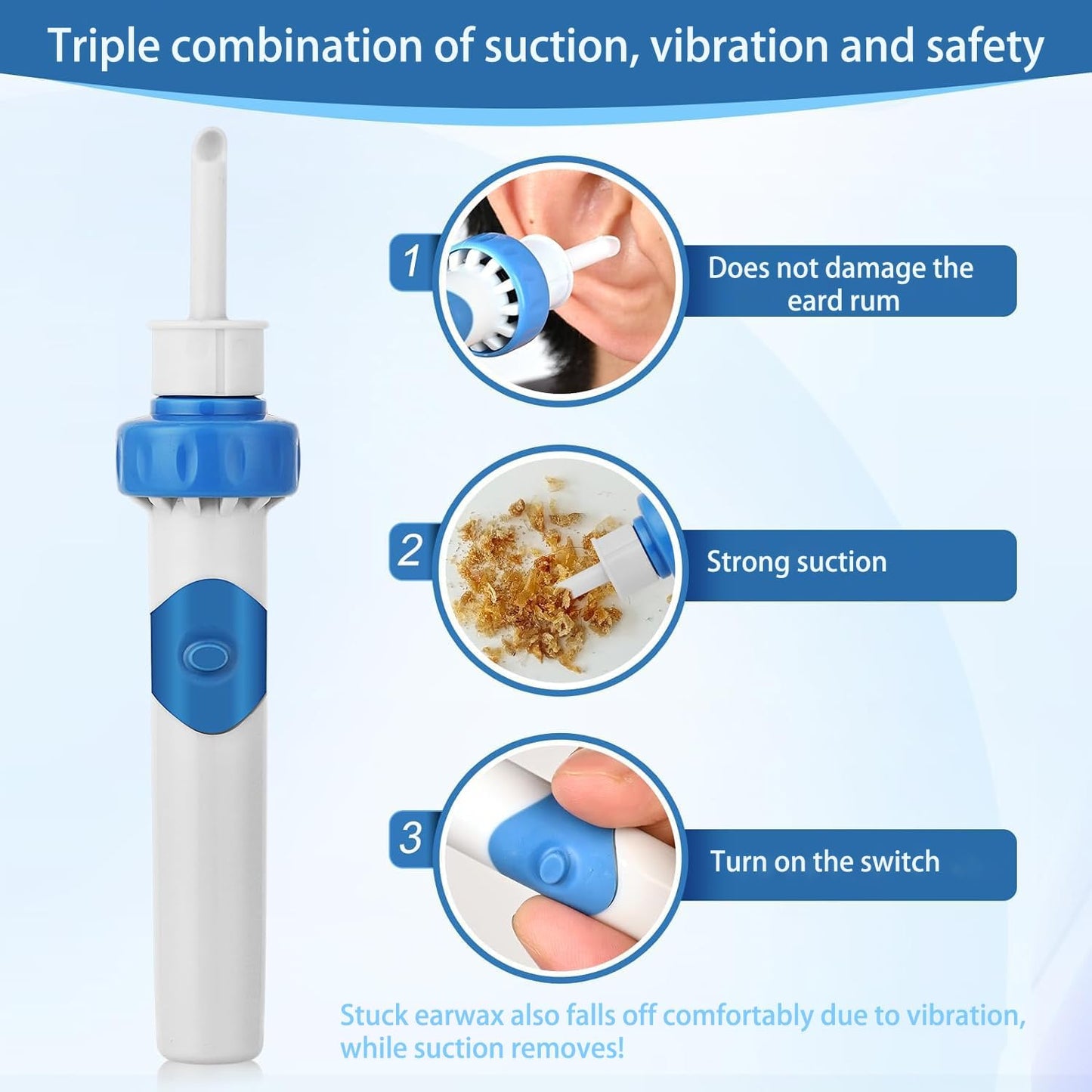 gukoo Ear Wax Removal, Ear Wax Vacuum Removal Kit,Soft and Comfortable Ear Suction Wax Remover Low Noise Electric Vacuum Ear Cleaner for Adults and Children,Includes 2 Silicone Replacement Heads-Light Blue