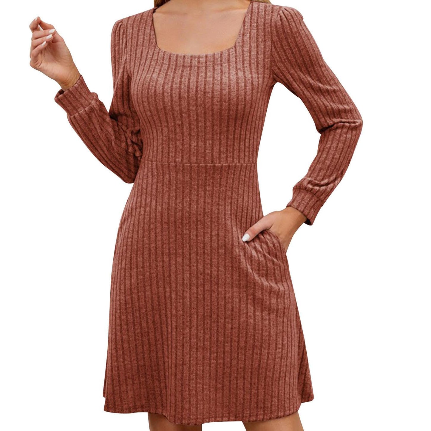 GYMDOG Women Dress for Summer Spring with Square Neck Casual Midi Polyester Skirt Solid Stripes Classic Dresses