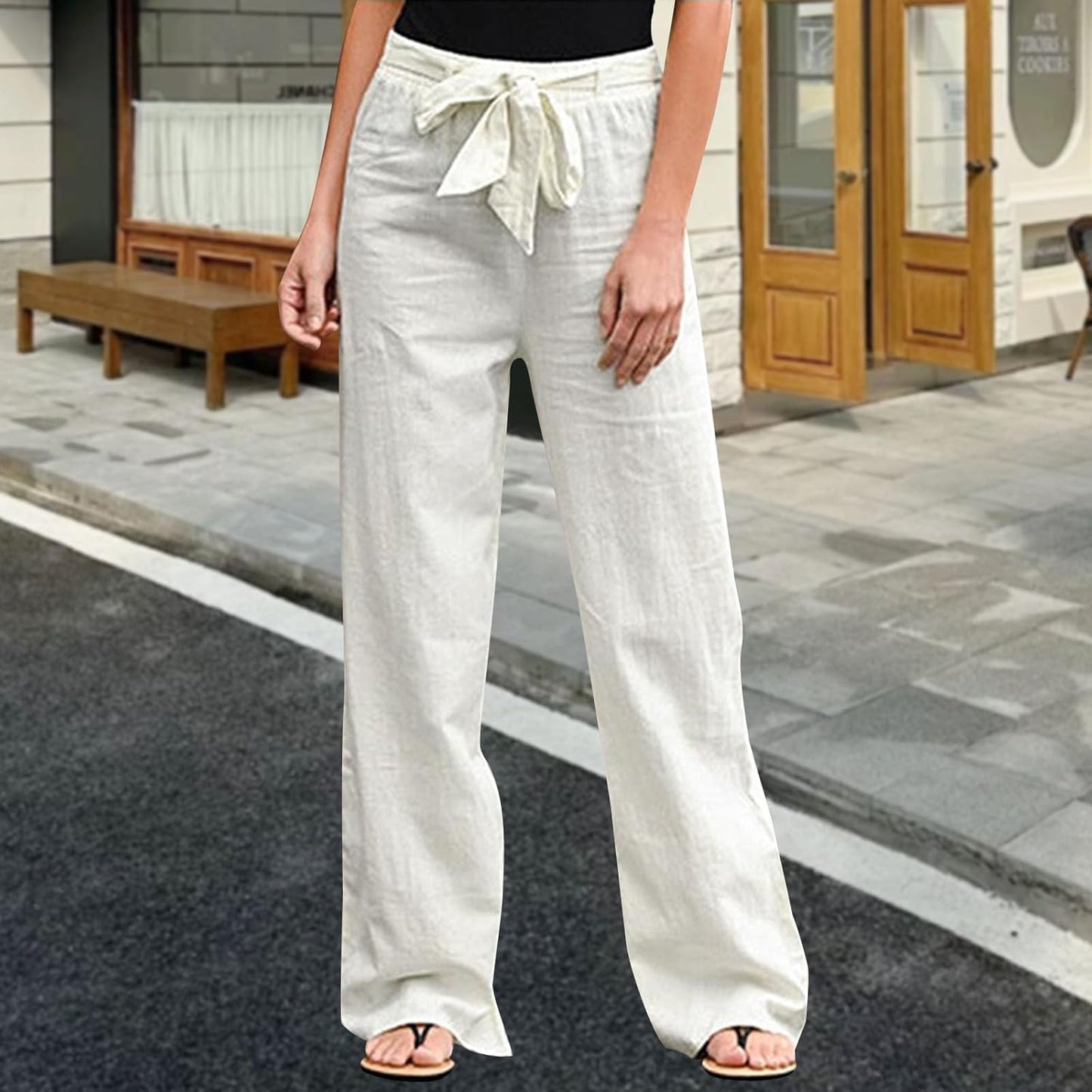 GYMBULL Womens Cotton Linen Summer Pants Tie High Waisted Casual Straight Leg Pants Dressy Palazzo Soft Trousers with Pockets M White