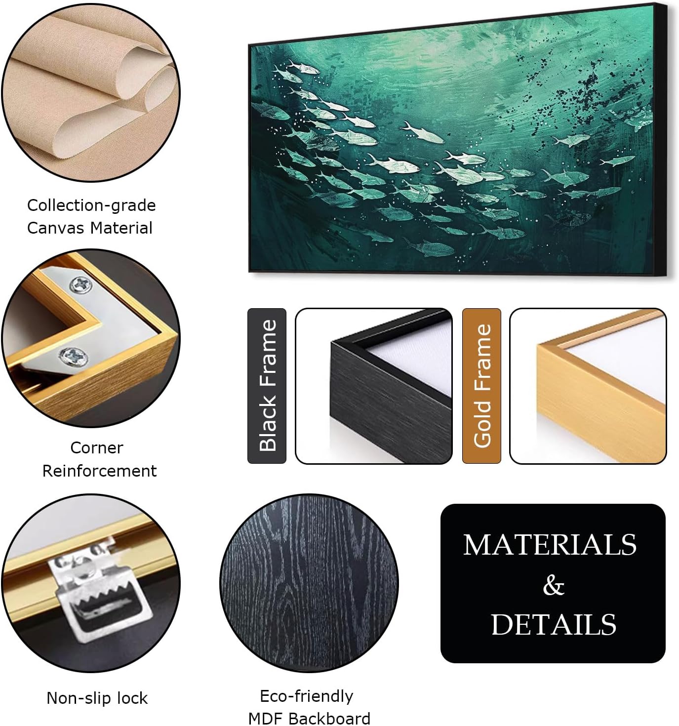 JiffPom Fish Abstract Canvas Wall Art, School of Fish Wall Decor, Emerald Green Canvas Wall Art, Ocean Canvas Wall Art, Silver Fish Wall Decor, Framed Wall Art for Living Room, Bedroom Wall Art (Black Metal Frame, 39"x19" | 100x50cm)