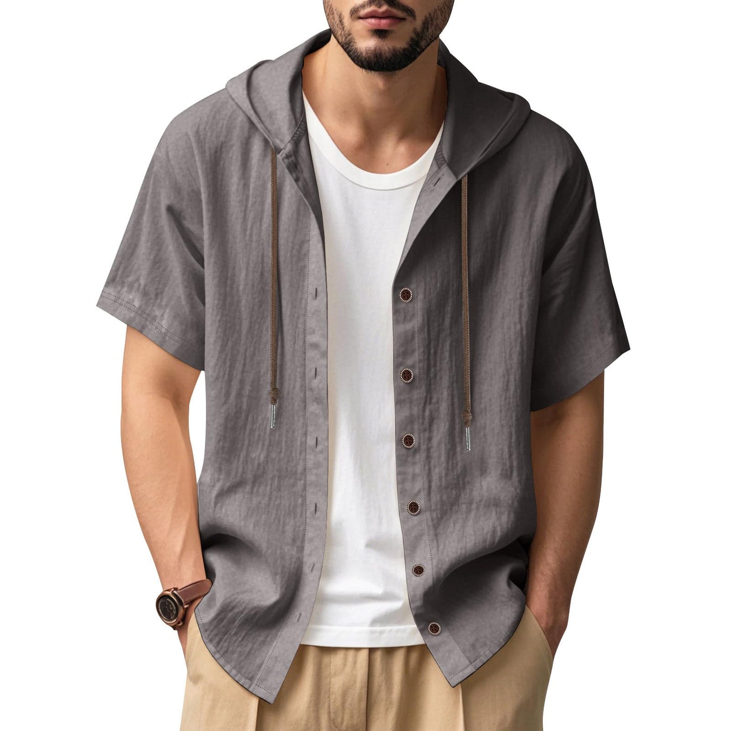 JiffPom Mens Shirts Solid Color Linen Short Sleeve Casual Loose Fit Button Down Shirts with Hoodies Summer Beach Tops