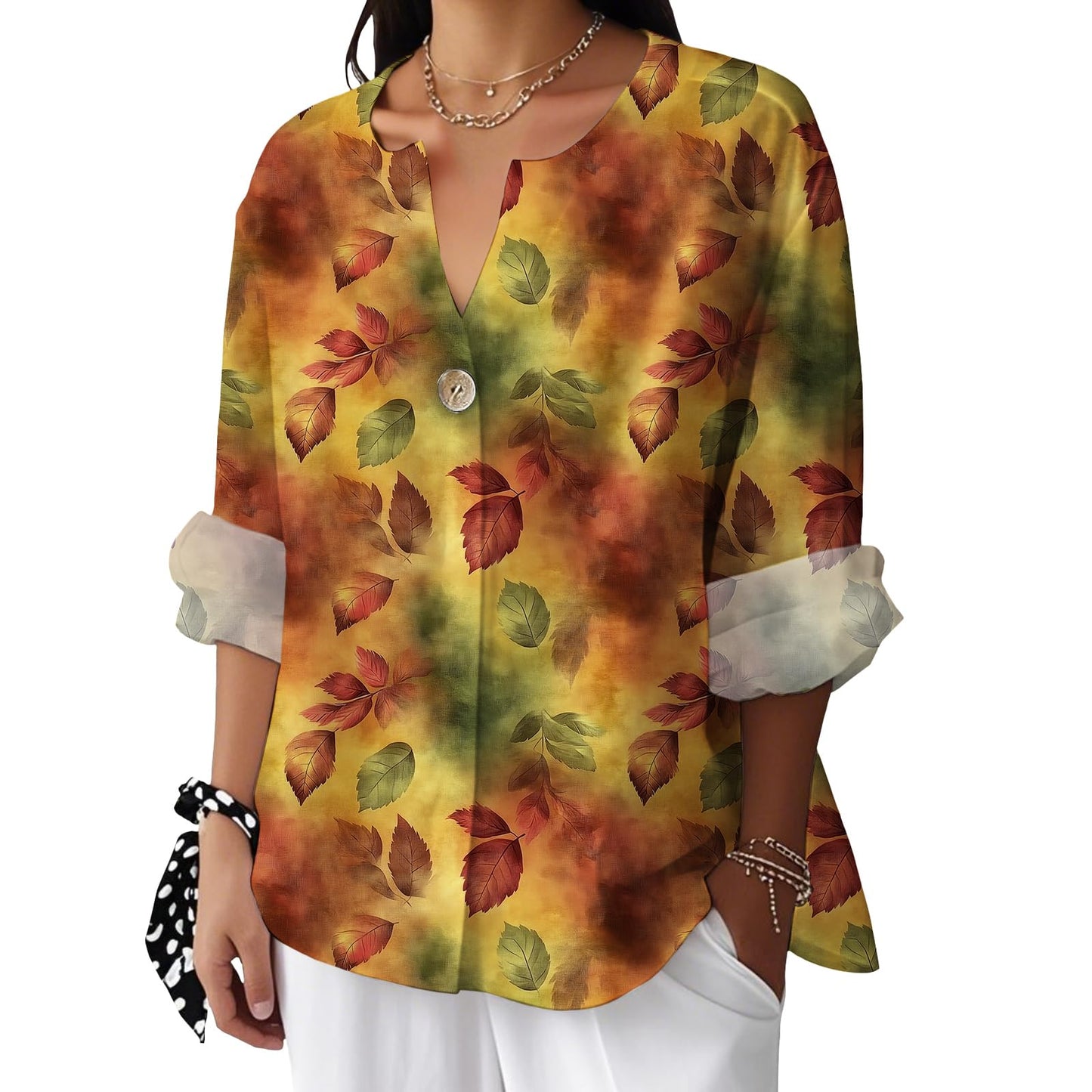 Reigee Hawaiian Shirts for Women 3/4 Sleeve Linen Shirts Floral Print Button V Neck Casual Loose Summer Graphic Tops Blouse
