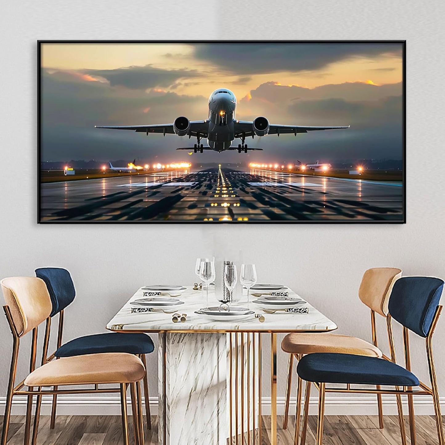 JiffPom Airplane Canvas Wall Art, Taking Off, Aircraft, Aviation, Airport, Airplane Pictures, Home Office Decor, Pilot Gift (Black Frame, 39"x19" | 100x50cm)